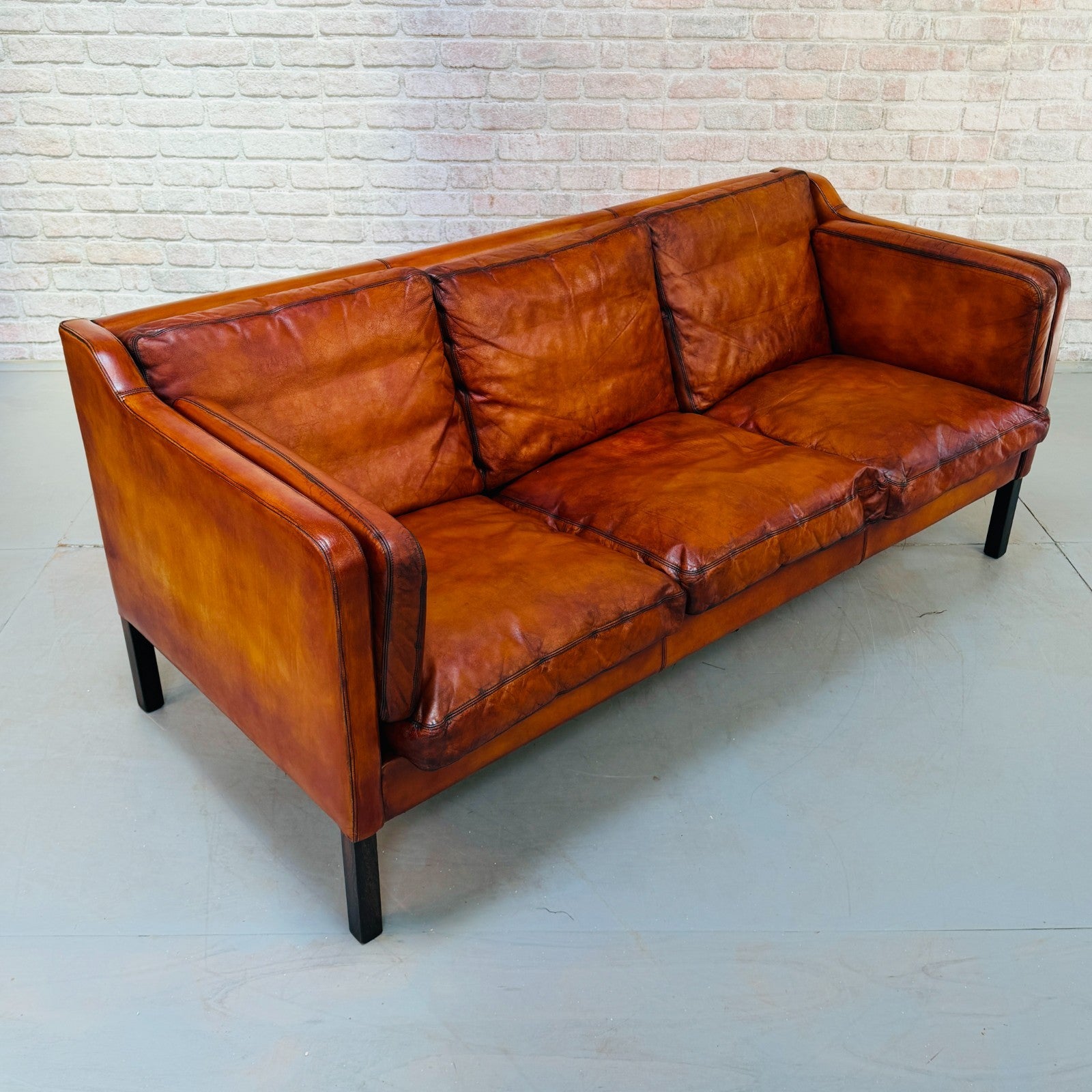 Vintage 1970s Thams Kvalitet Danish Cognac Hand-Dyed Leather Three Seater Sofa