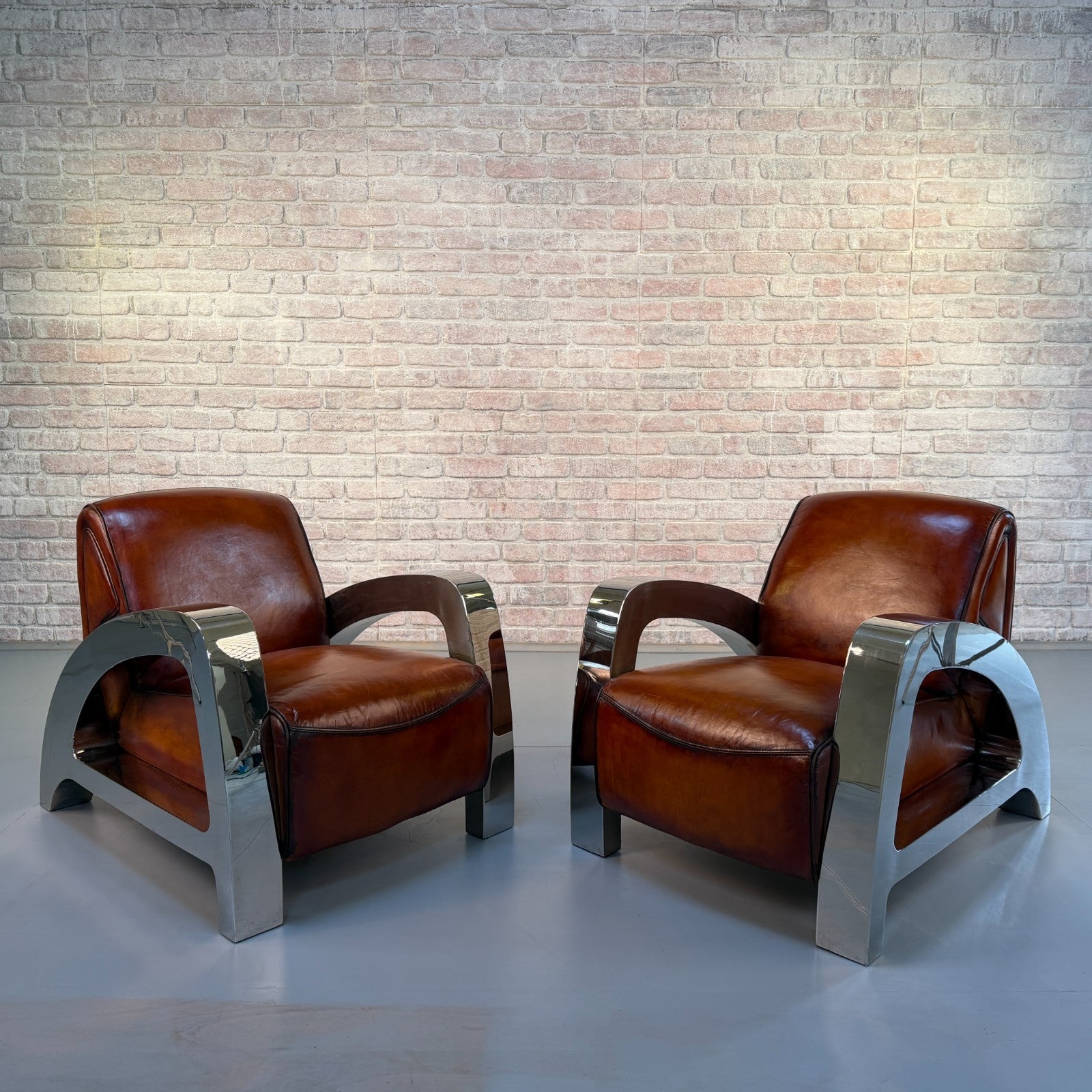 Stunning Pair of Vintage Art Deco Chrome Aviator Heritage Brown Leather Armchair