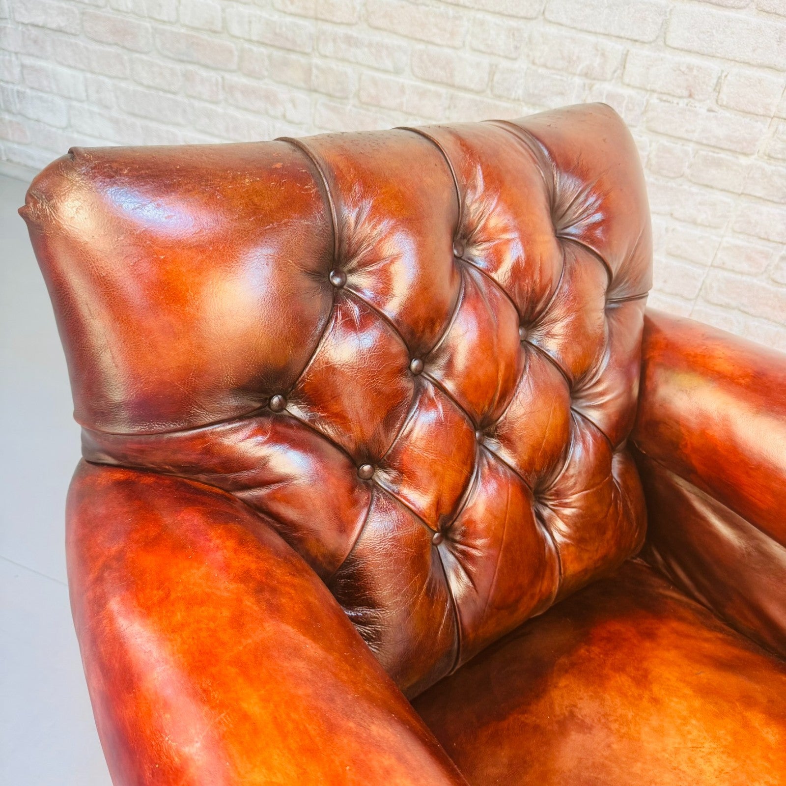 Pair 1920s English Cognac Leather Club Chairs Deep Seated Armchairs