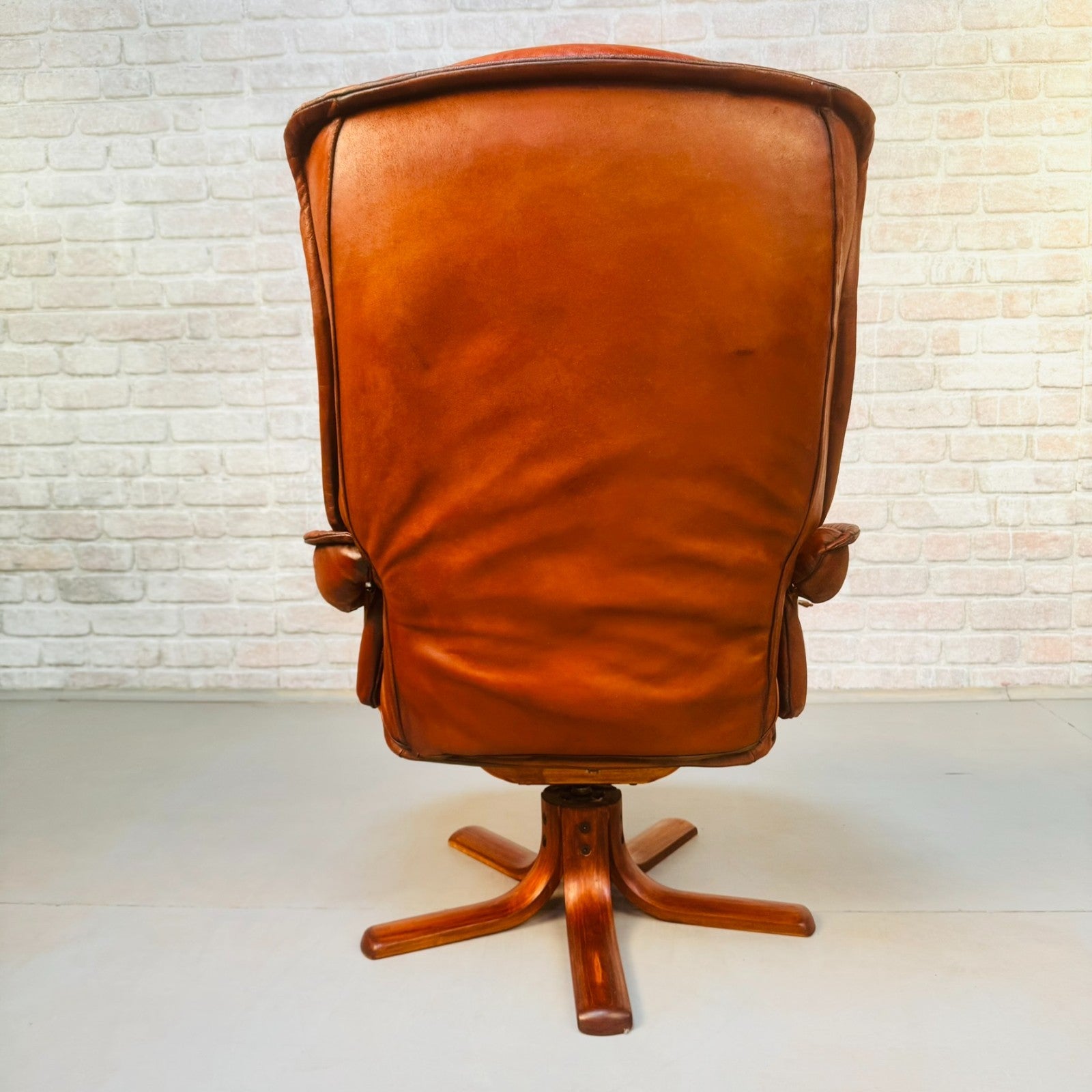 Vintage Danish Reclining Swivel Chair & Footstool | Hand Dyed Tan Leather
