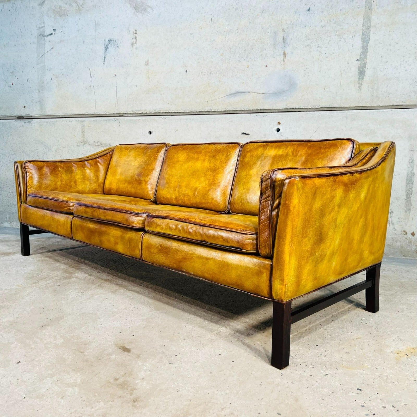 Vintage 1970s Danish Erik Jorgensen Patinated Light Tan Three-Seater Leather Sofa