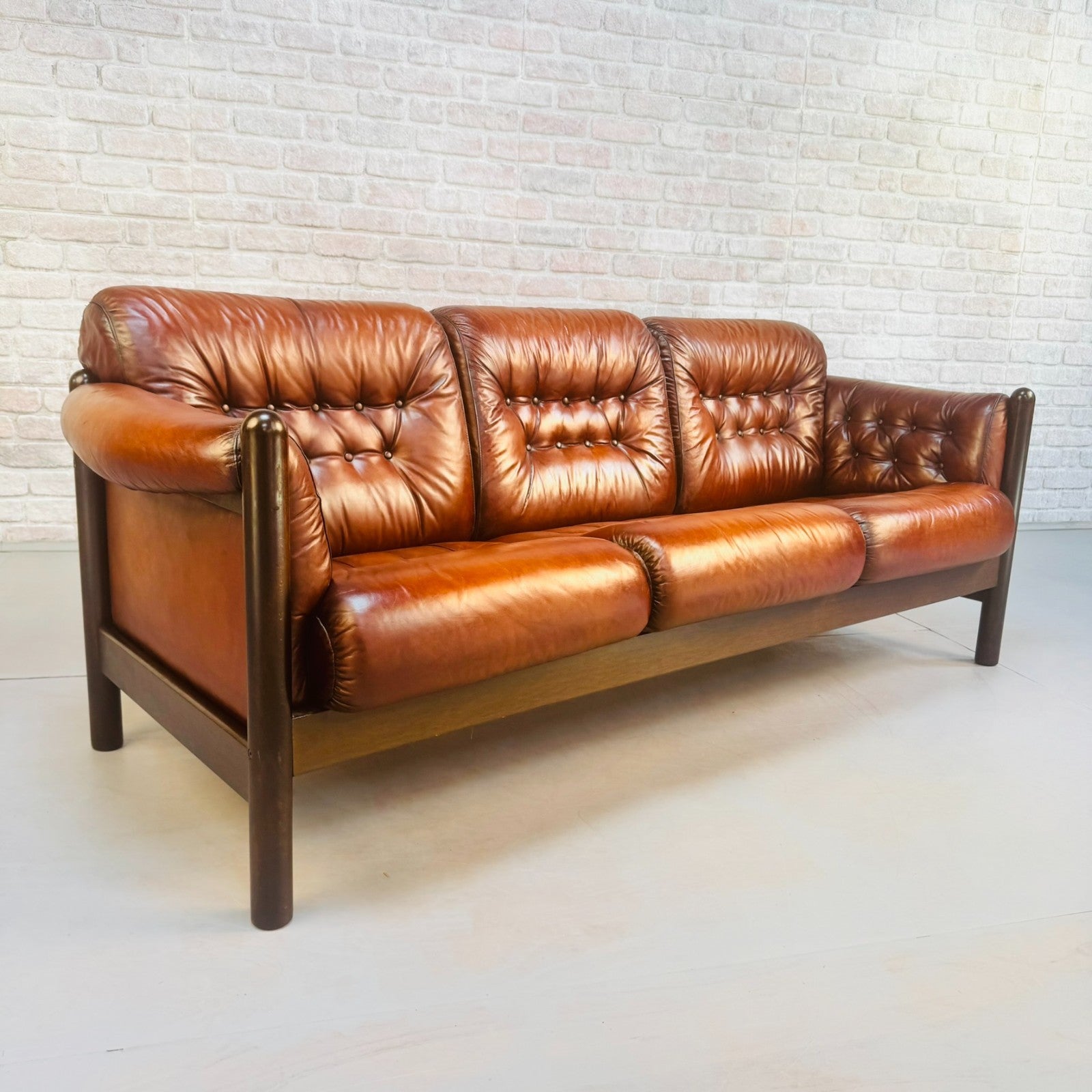 Vintage 1970s Swedish Tan Leather Three Seater Sofa