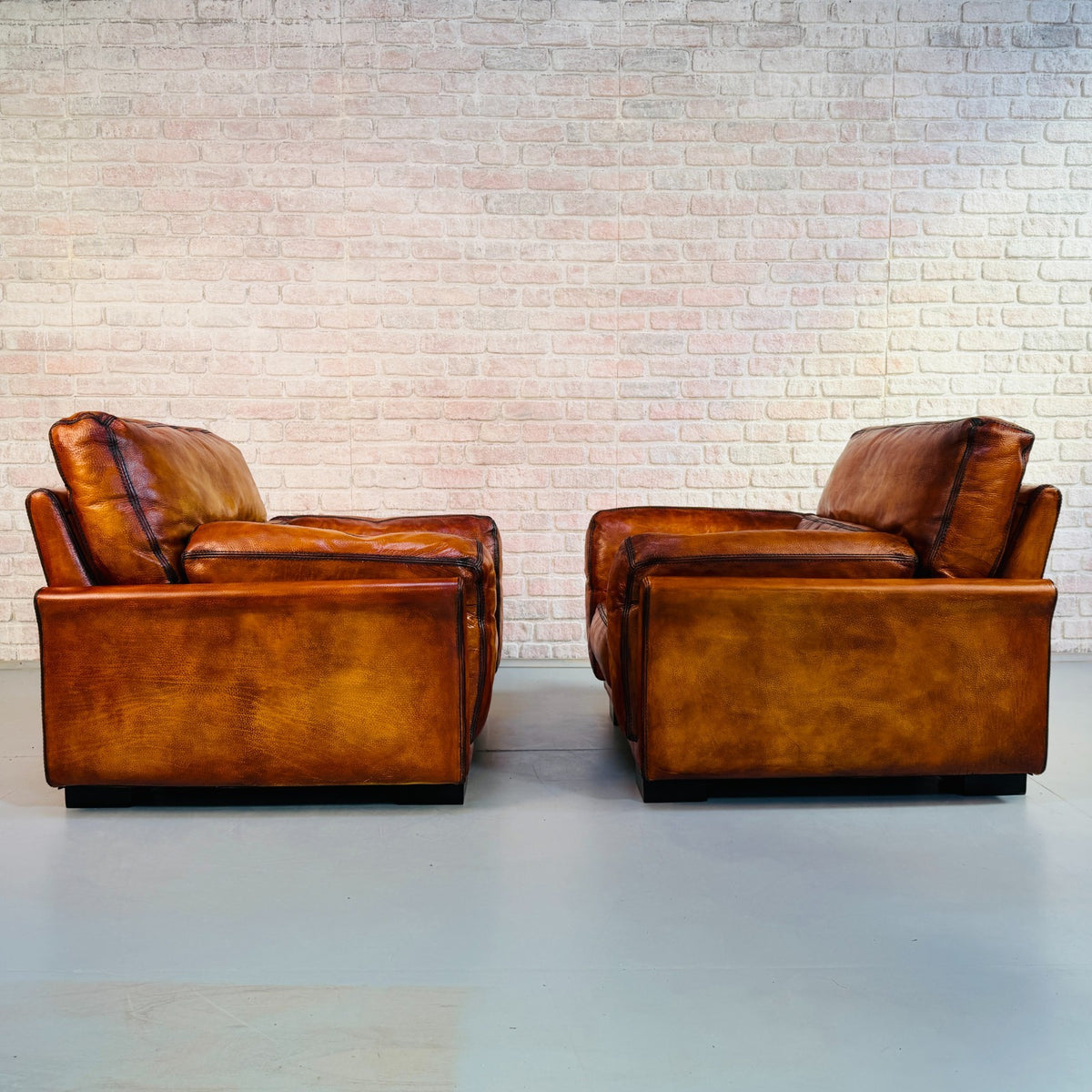 Huge Pair Vintage Roche Bobois Hand Dyed Tan Leather Armchairs