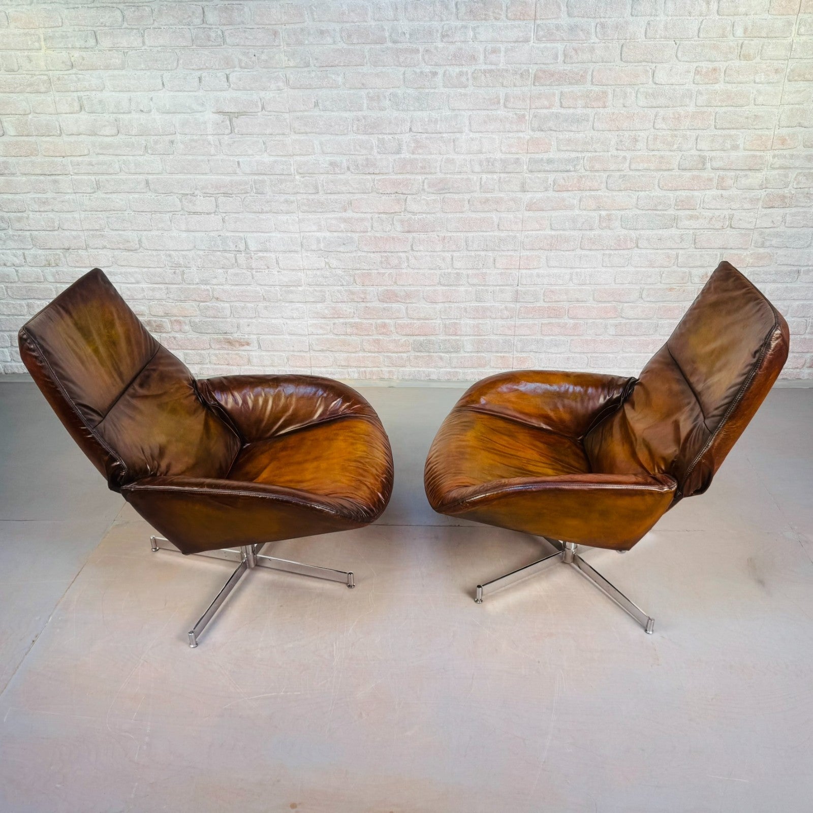 Stylish Vintage Danish Tan Leather Swivel Reclining Armchairs – Beautiful Patina