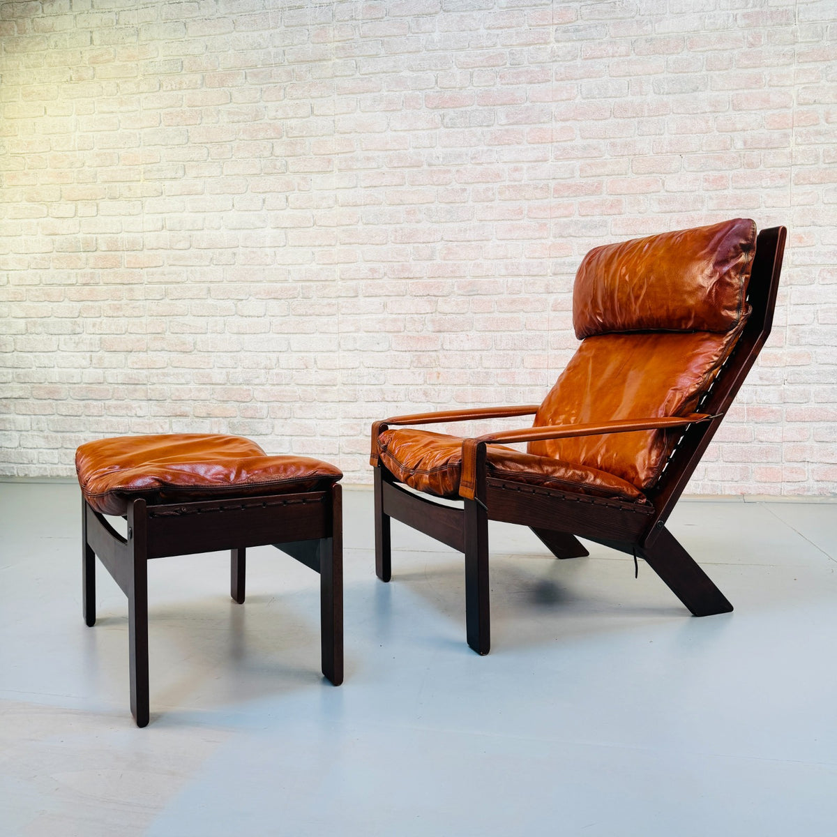 Vintage 1960s Danish Tan Leather Reclining High Back Armchair & Footstool