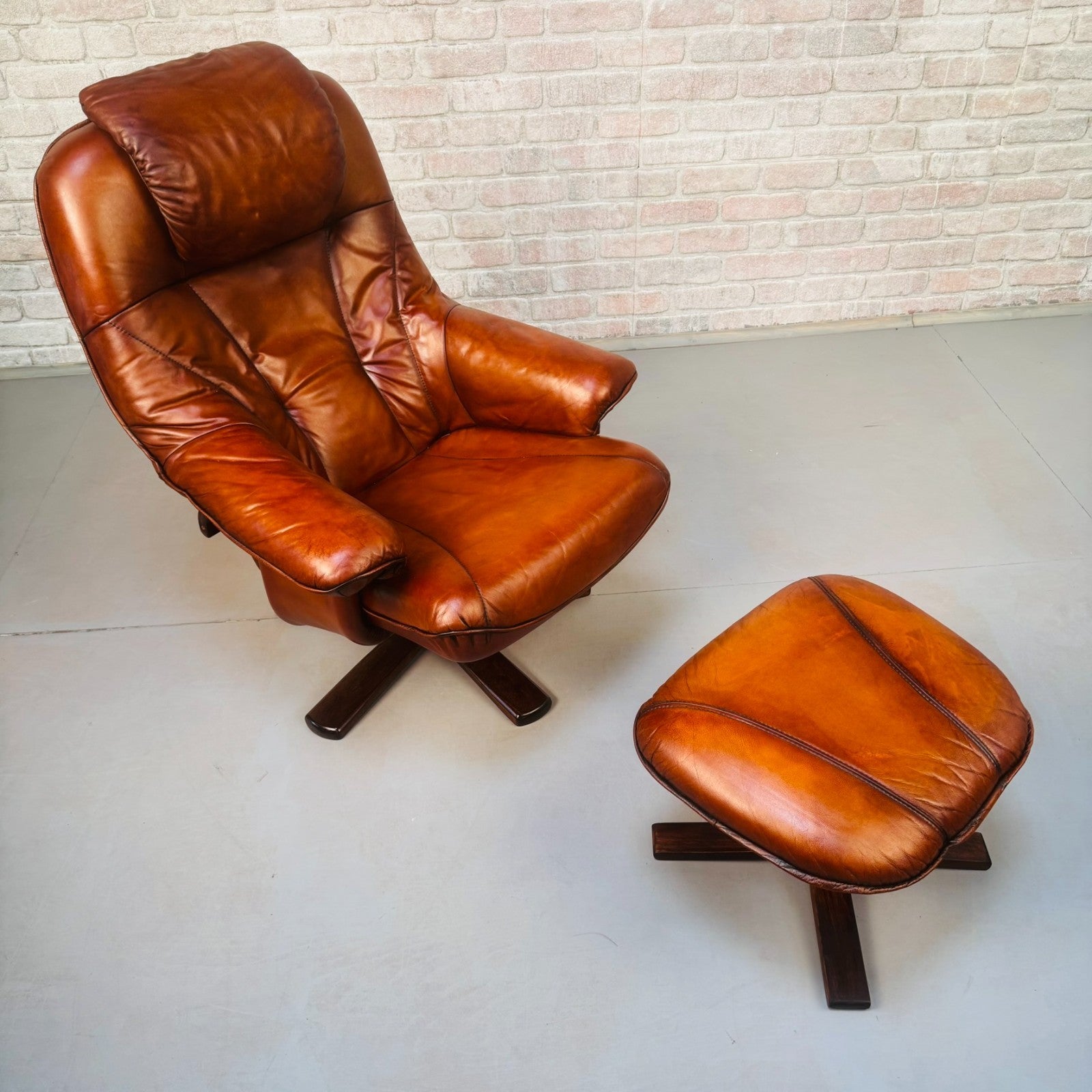Vintage Danish Tan Leather Reclining Chair & Matching Footstool