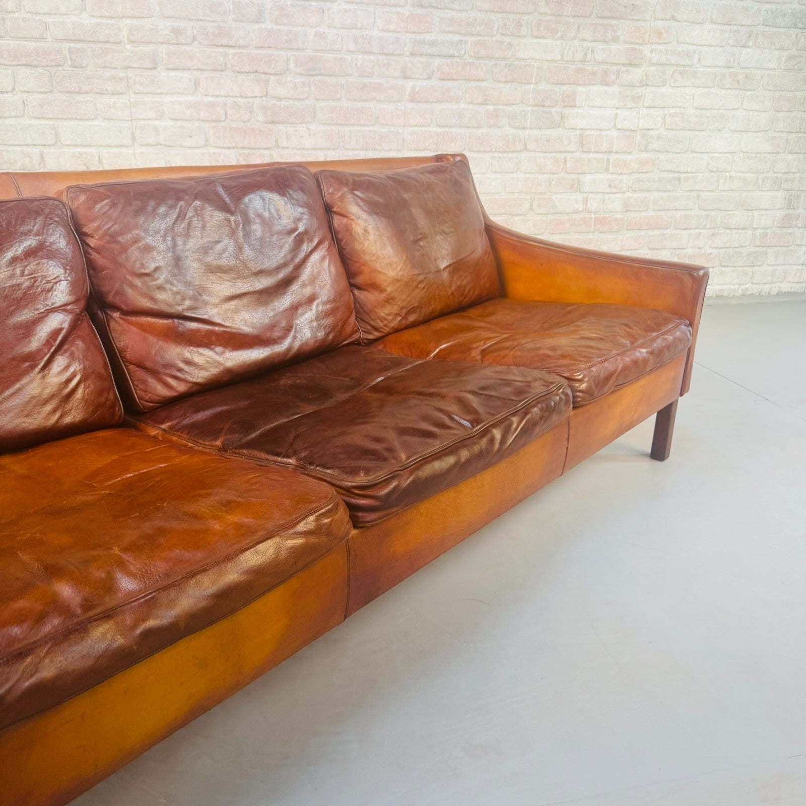 1960s Swedish Patinated Tan Leather 3-Seater Sofa – Dark Walnut Legs