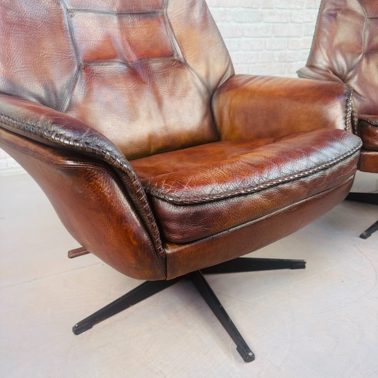 Vintage Pair 1970s Danish Berg Mobler Brown Leather Swivel Chairs Mid Century