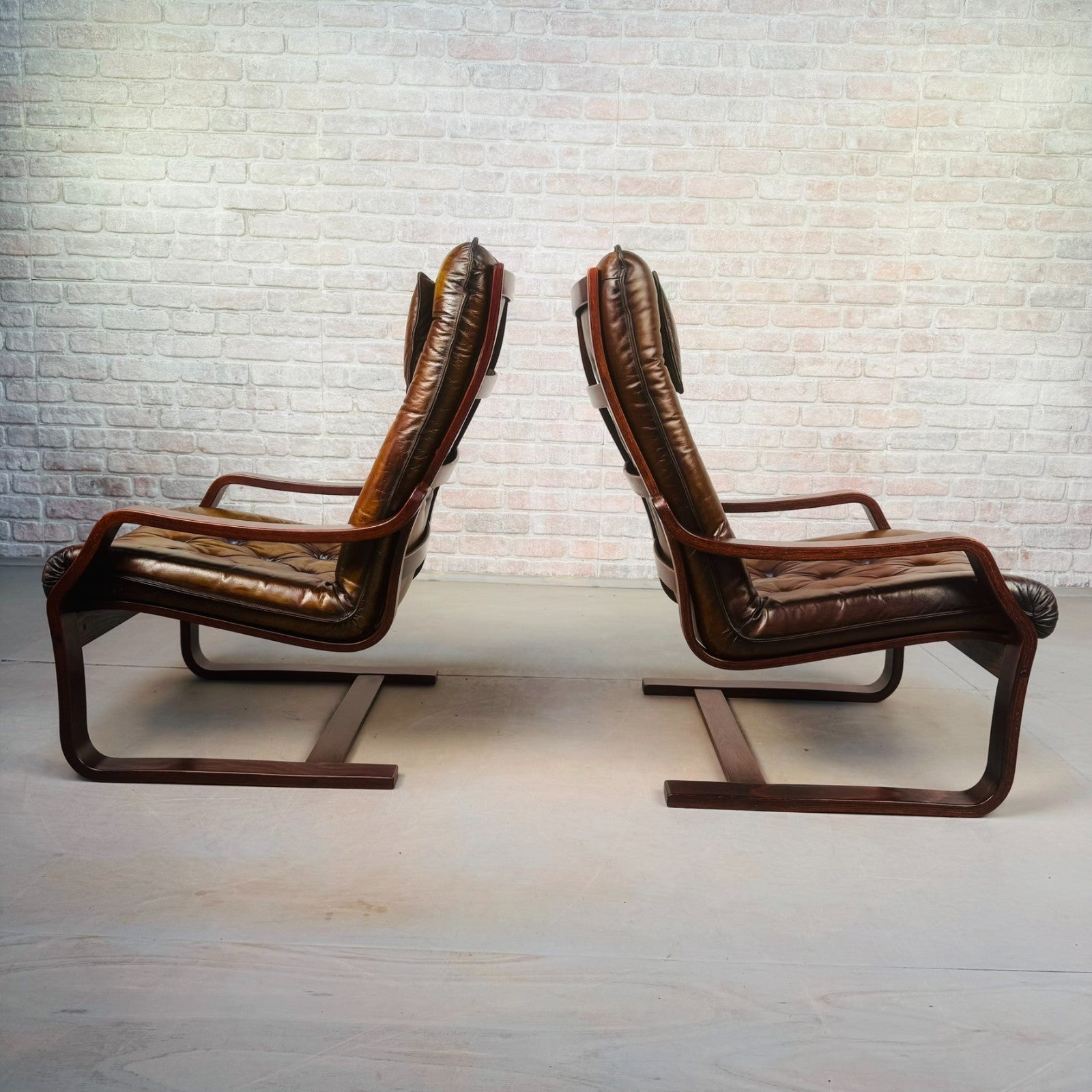 Pair of Vintage Scandinavian Tan Leather Bentwood Armchairs