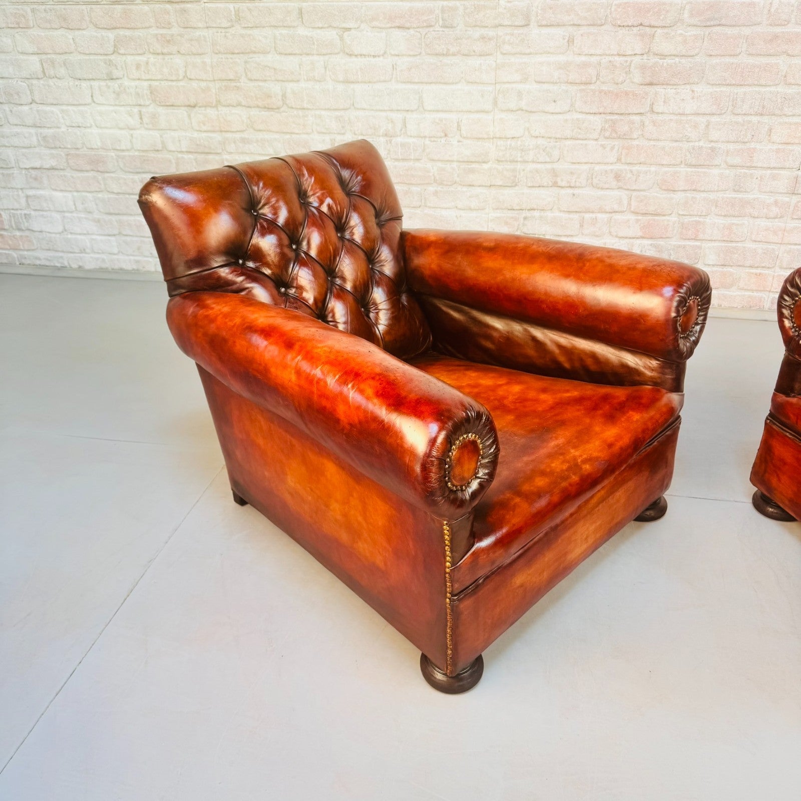 Pair 1920s English Cognac Leather Club Chairs Deep Seated Armchairs