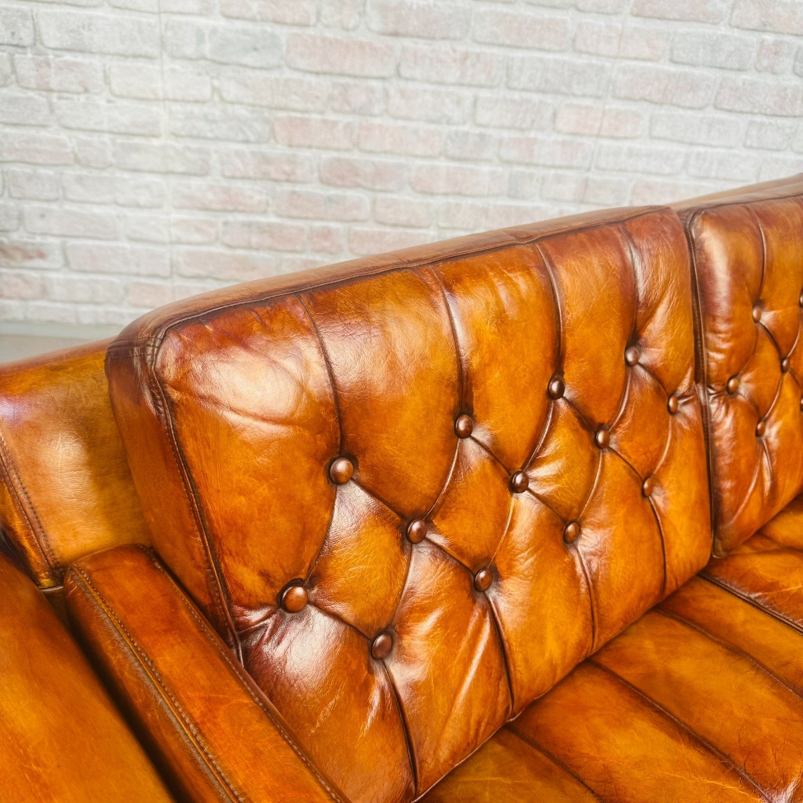 Vintage 1970s Danish Tan Leather 2 Seater Sofa Buttoned Mid Century