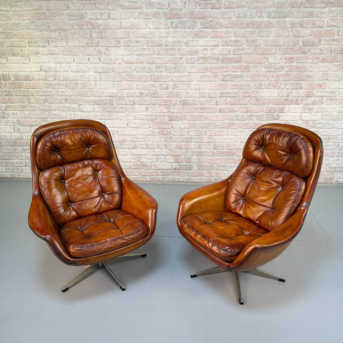 Vintage 1970s H.W. Klein Danish Tan Leather Swivel Egg Chairs & Footstool