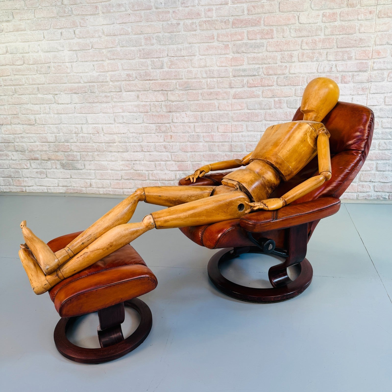 Vintage Danish Ekornes Reclining Swivel Armchair Tan Leather with Footstool
