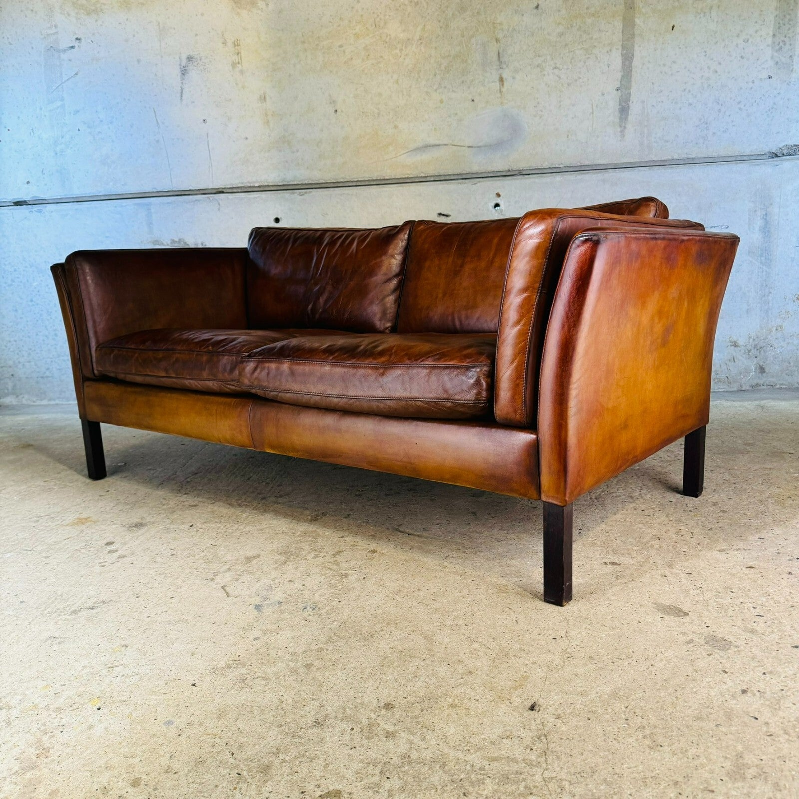Vintage 1970s Stouby Tan Leather 2.5 Seater Sofa Børge Mogensen Style