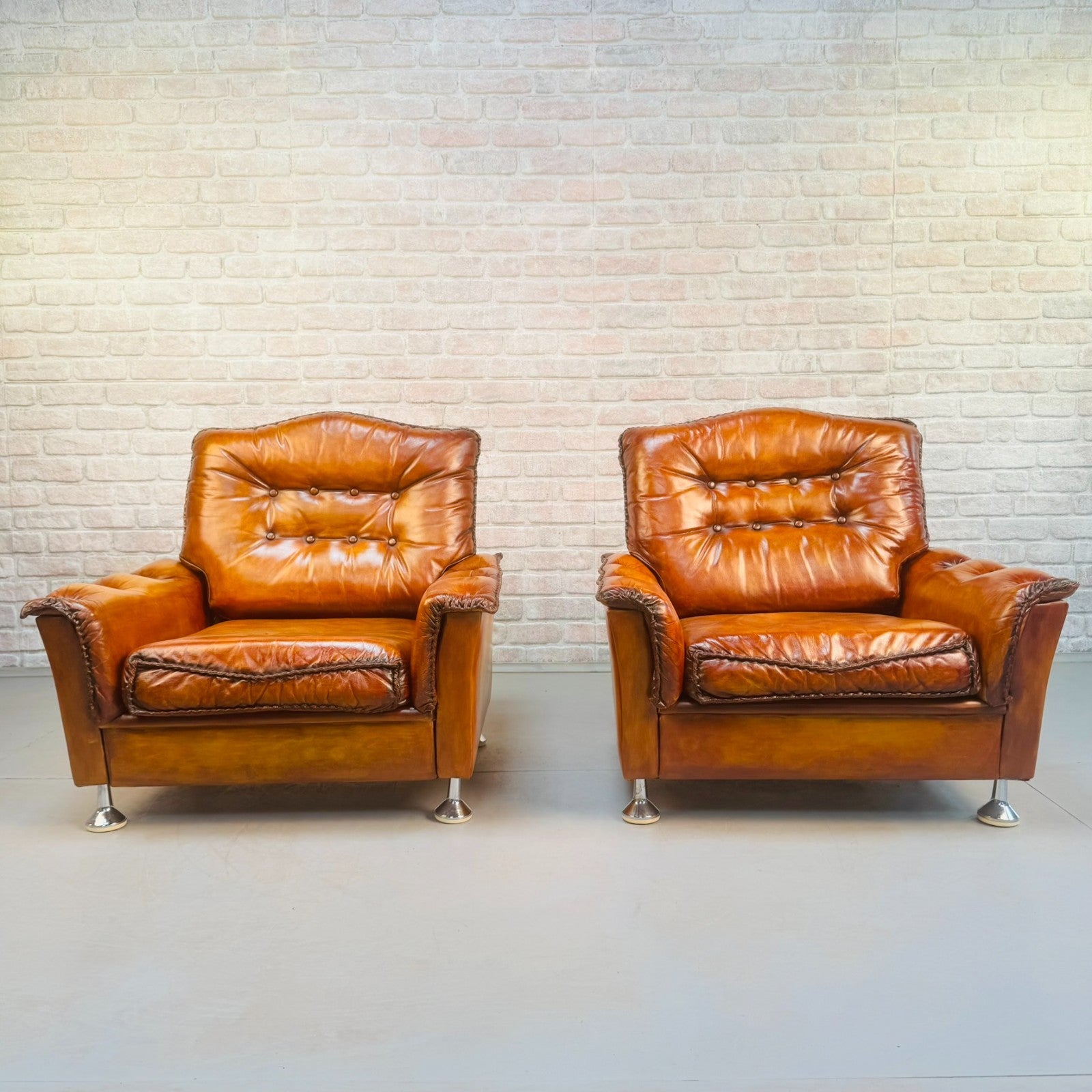 Vintage Danish Pair of Tan Leather Armchairs