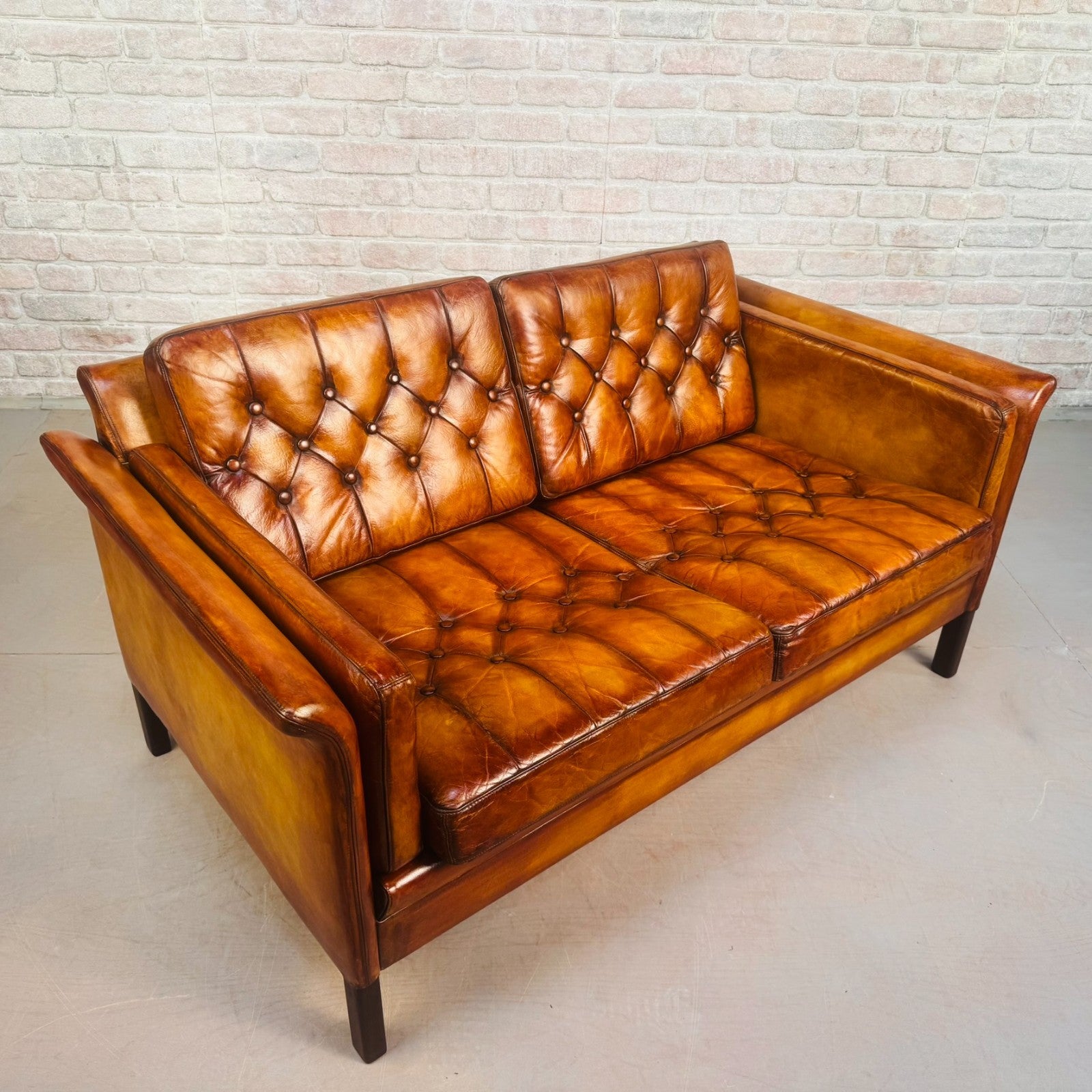 Vintage 1970s Danish Tan Leather 2 Seater Sofa Buttoned Mid Century