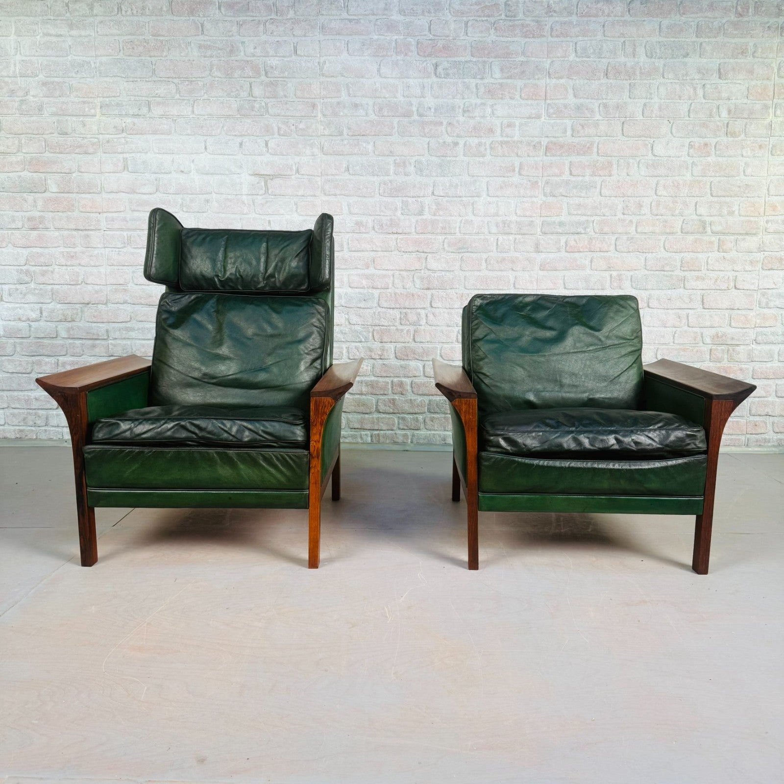 1960s Danish Green Leather Three-Seater Sofa & His & Hers Armchairs Golstrup