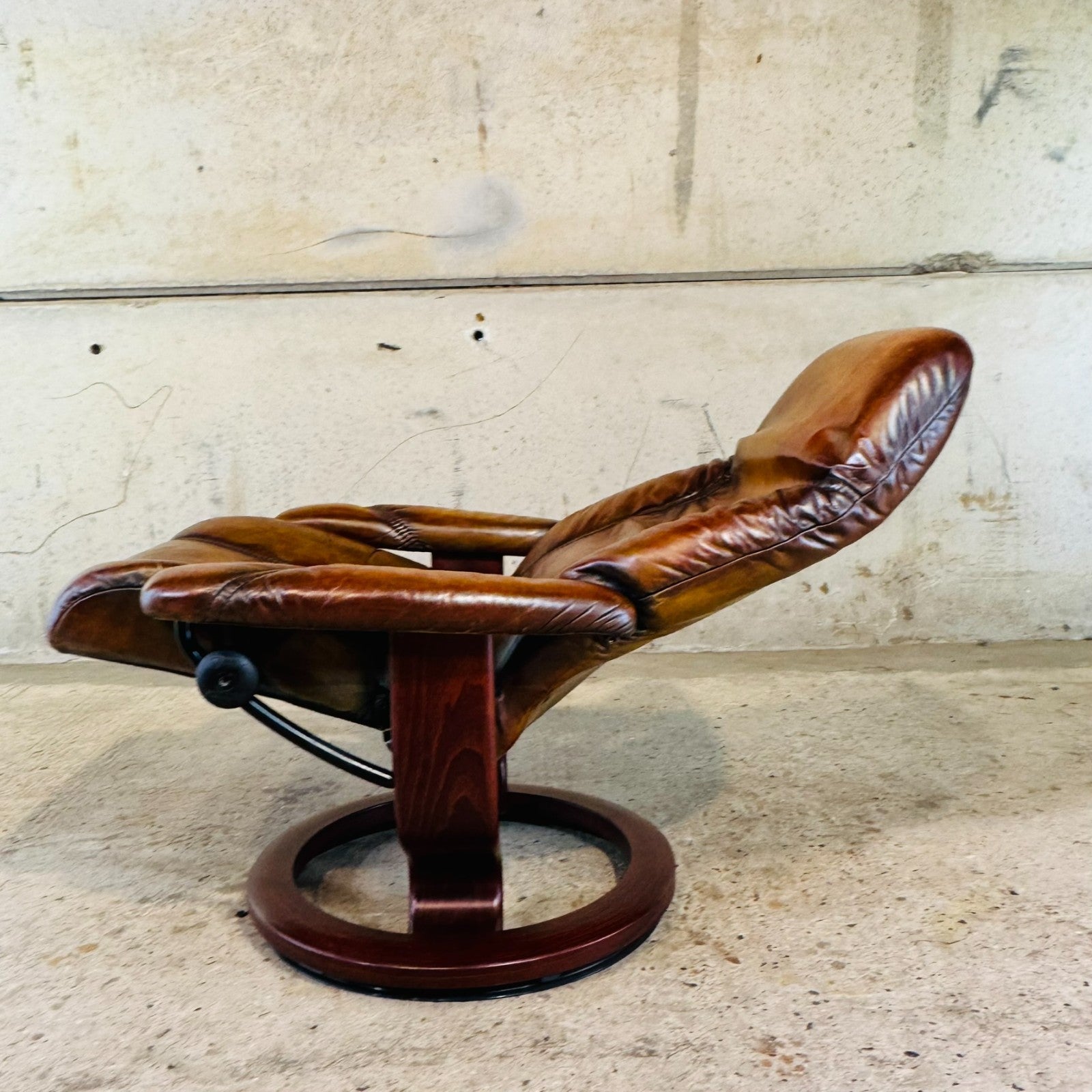 Vintage Ekornes Tan Leather Swivel Recliner Chair — Compact Design