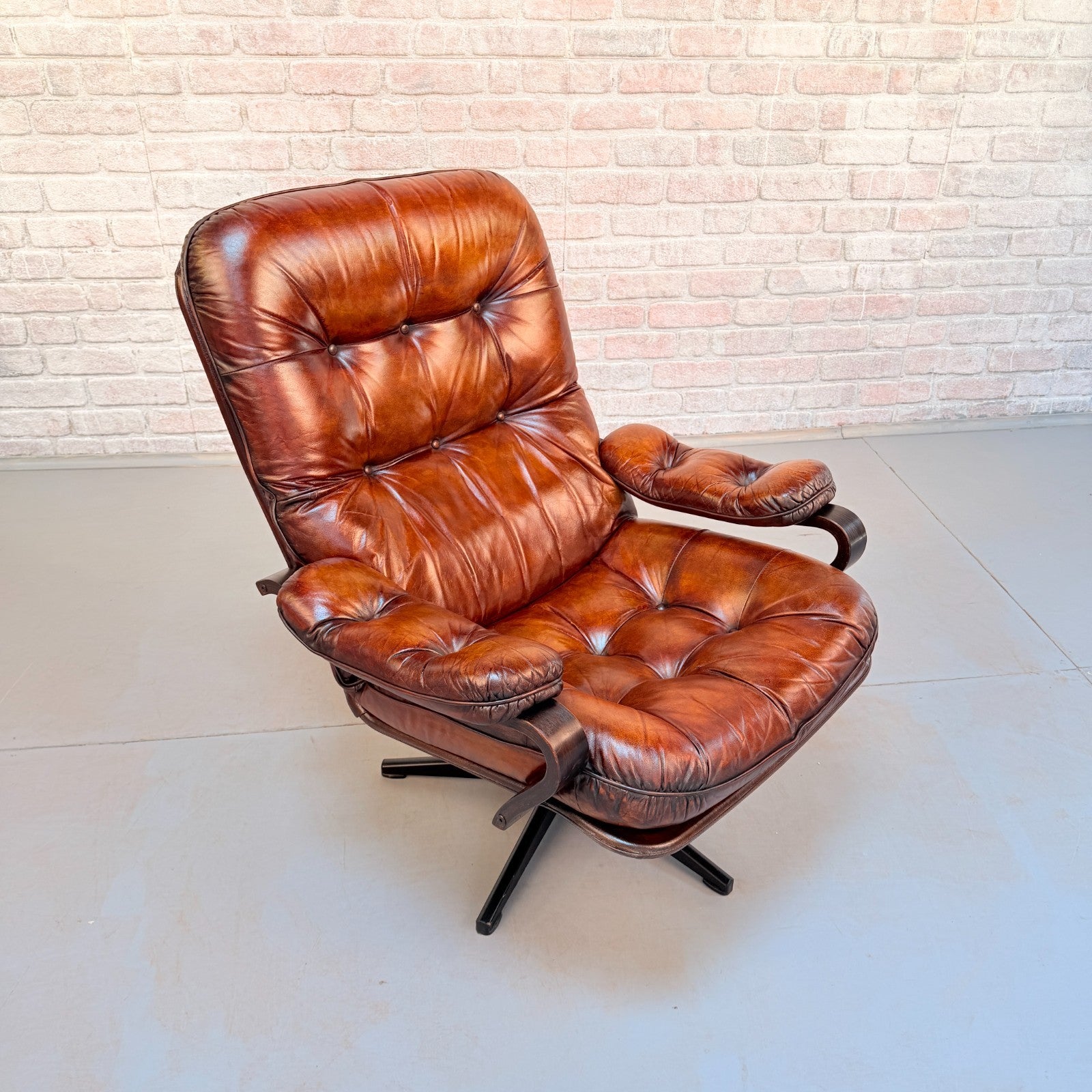 Vintage Danish Tan Leather Swivel Chair Hand Dyed Cognac Patina Lounge Chair