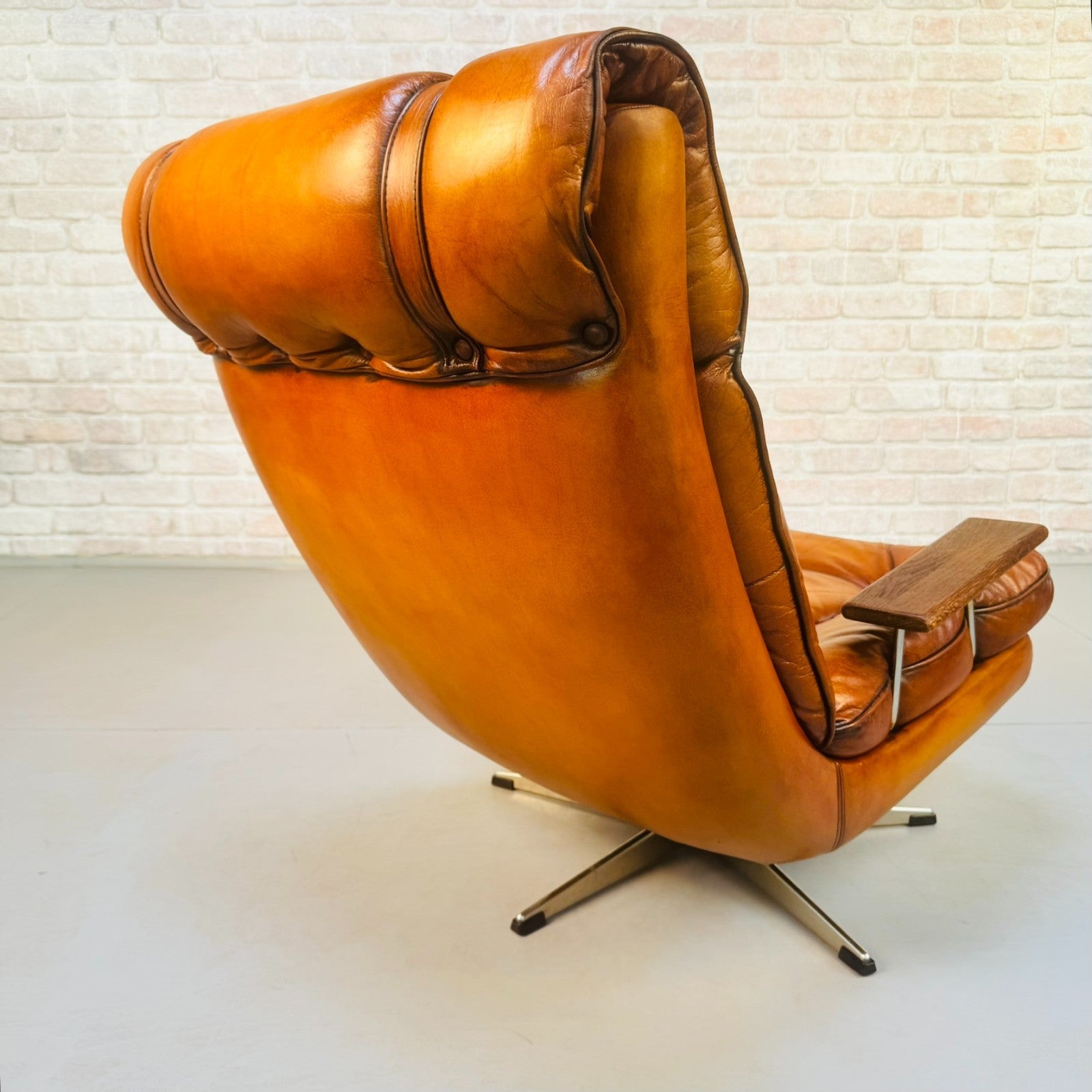 Vintage Danish Swivel Armchair Hand Dyed Tan Leather | Scandinavian Lounge