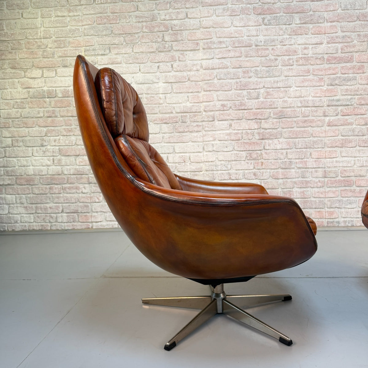 Vintage 1970s H.W. Klein Danish Tan Leather Swivel Egg Chairs & Footstool