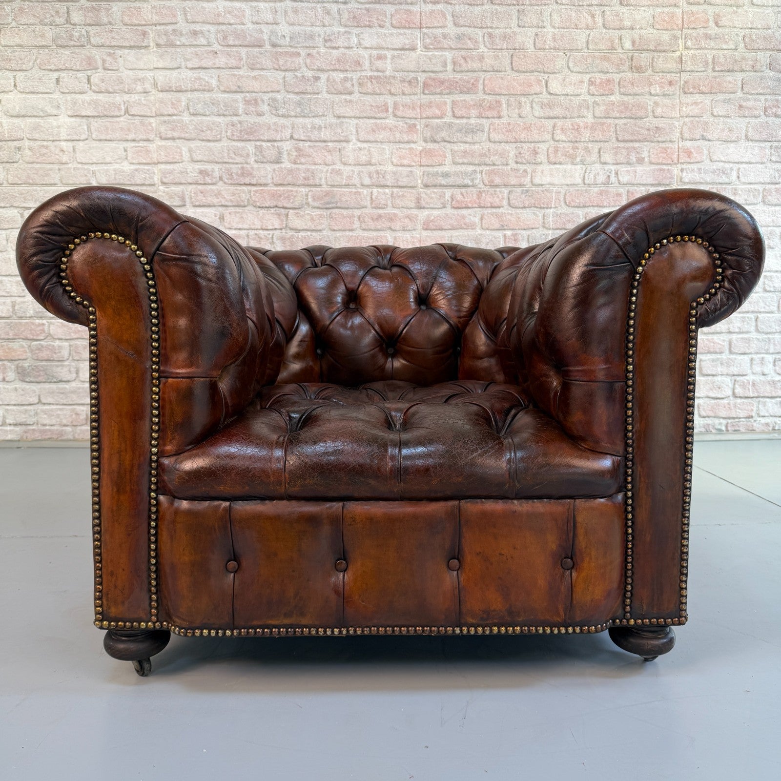 Vintage Pair of Chesterfield Dark Tan Leather Lounge Chairs – Circa 1950