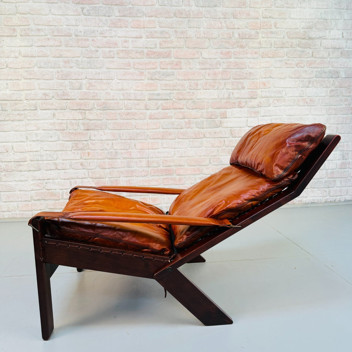 Vintage 1960s Danish Tan Leather Reclining High Back Armchair & Footstool
