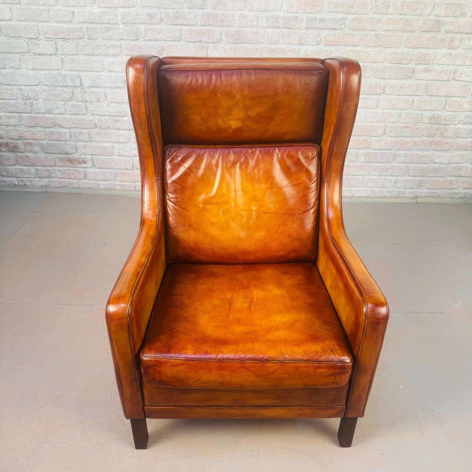 Vintage 1970s Danish High Back Tan Leather Armchair Mid Century Lounge Chair