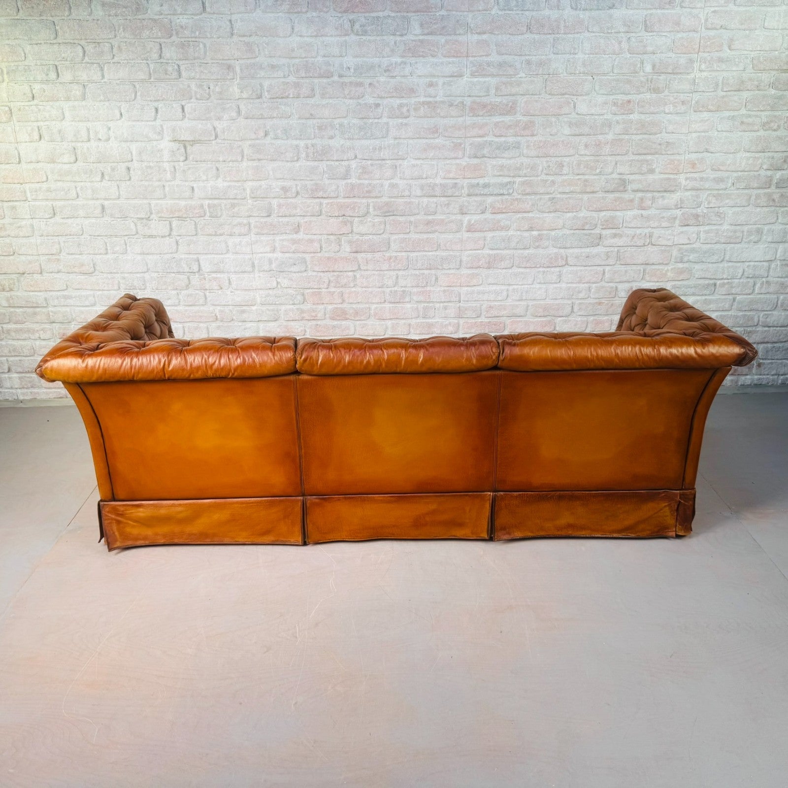 Vintage Danish Tan Leather Three Seater Sofa Fully Buttoned
