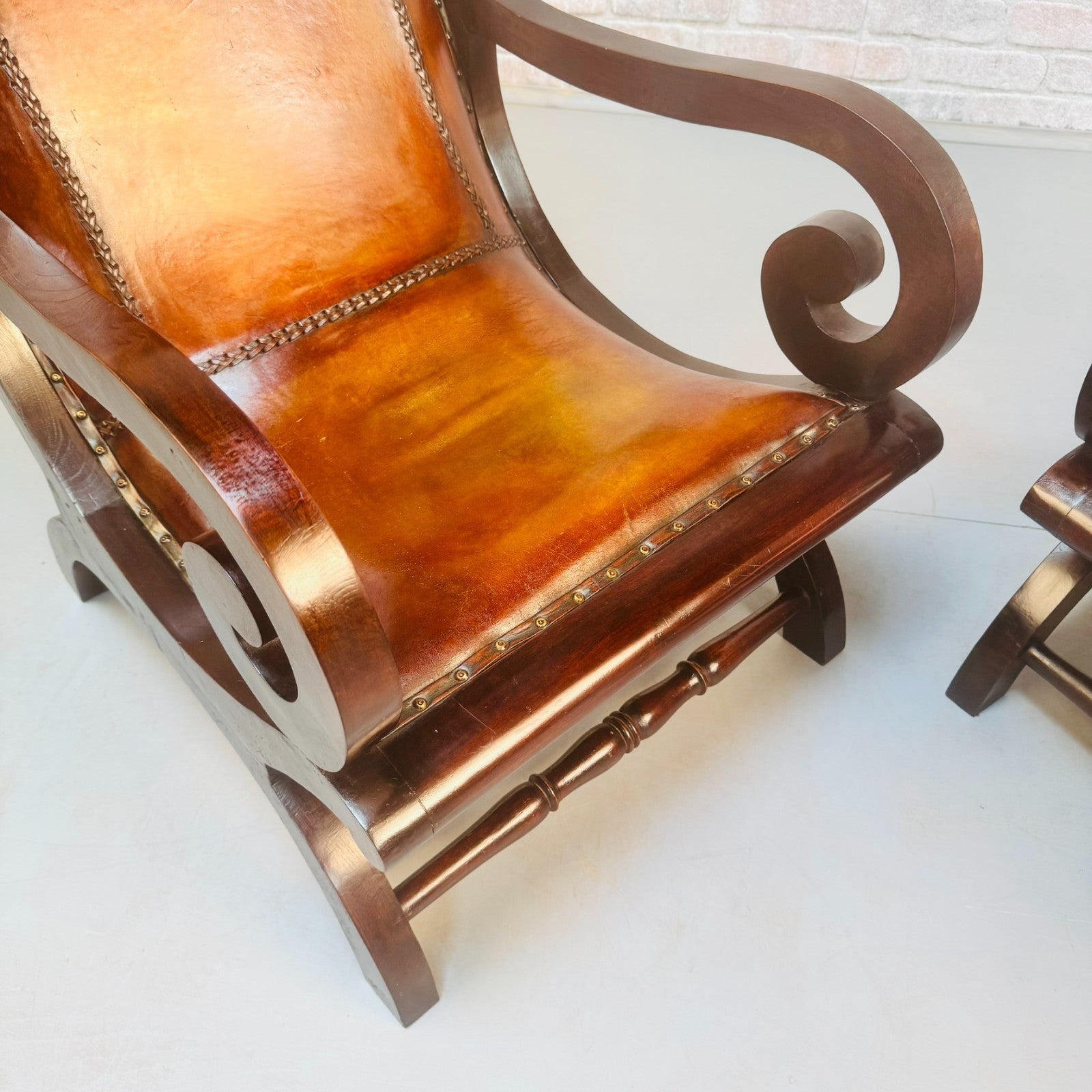 Vintage Danish Pair of Tan Leather Slipper Lounge Armchairs Mahogany Frame 1970s