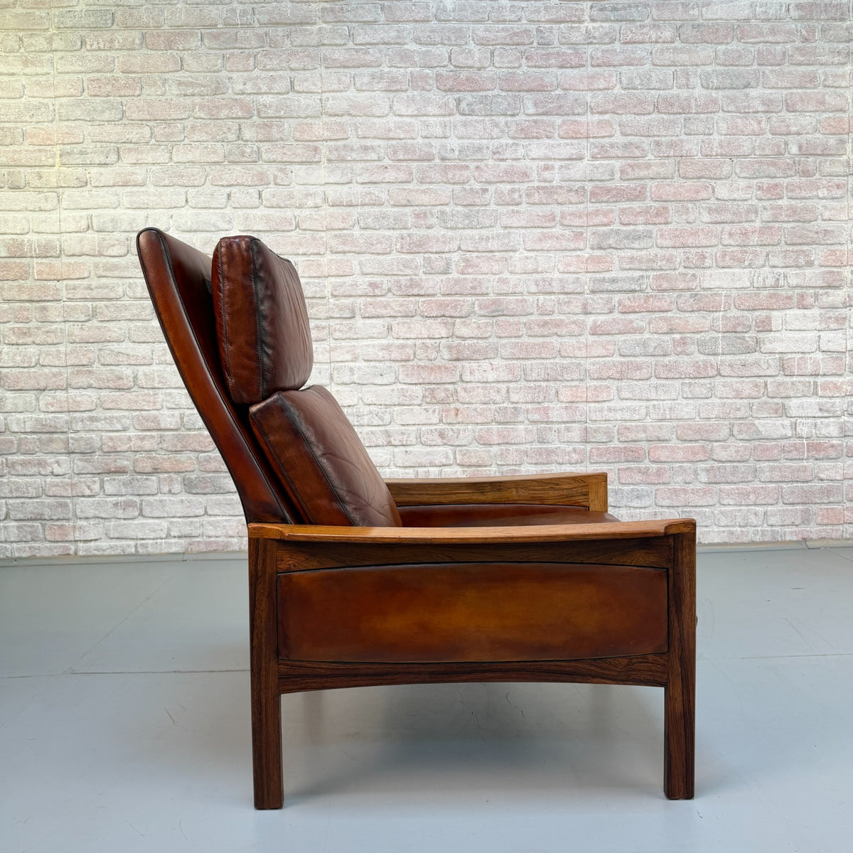Vintage 1970s Danish Tan Leather High Back Armchair – RoseWood Frame