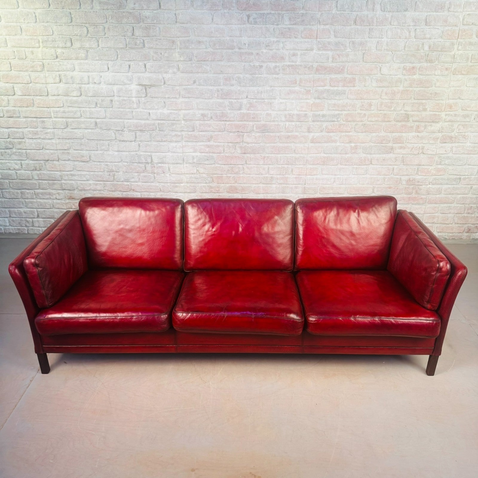 Vintage 1970s Mogens Hansen Danish Red Leather Three-Seater Sofa Mid Century