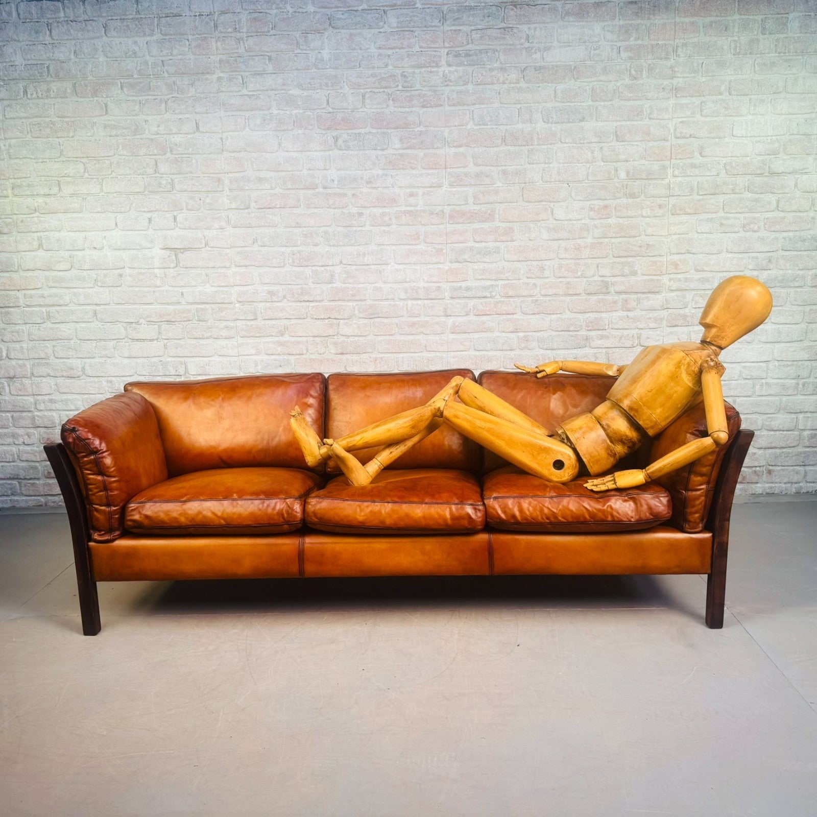 Long Vintage Danish Cognac Leather 3 Seater Sofa Mid Century Feather Filled
