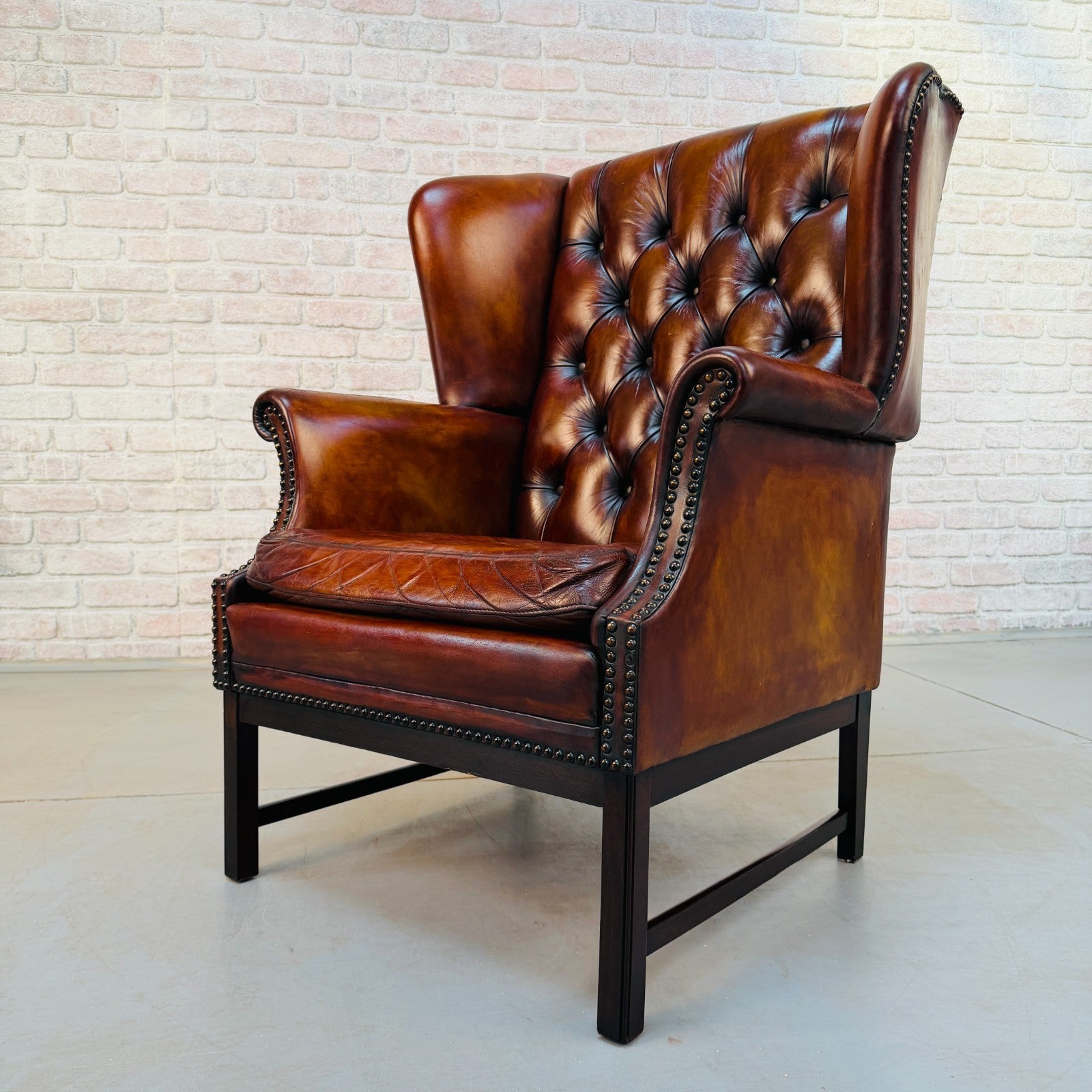 Vintage Danish Tan Hand-Dyed Leather Wingback Chair