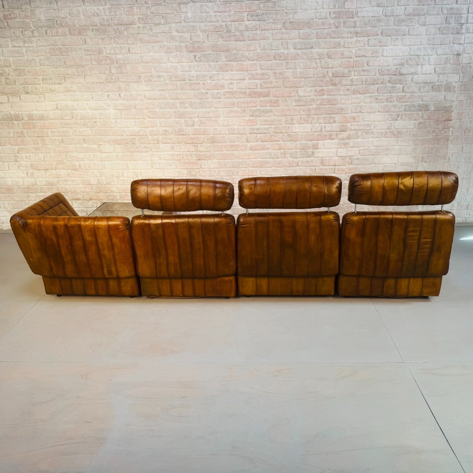 Rare Percival Lafer 60s Modular Sofa 4 Sections & Glass Top Table Tan Leather