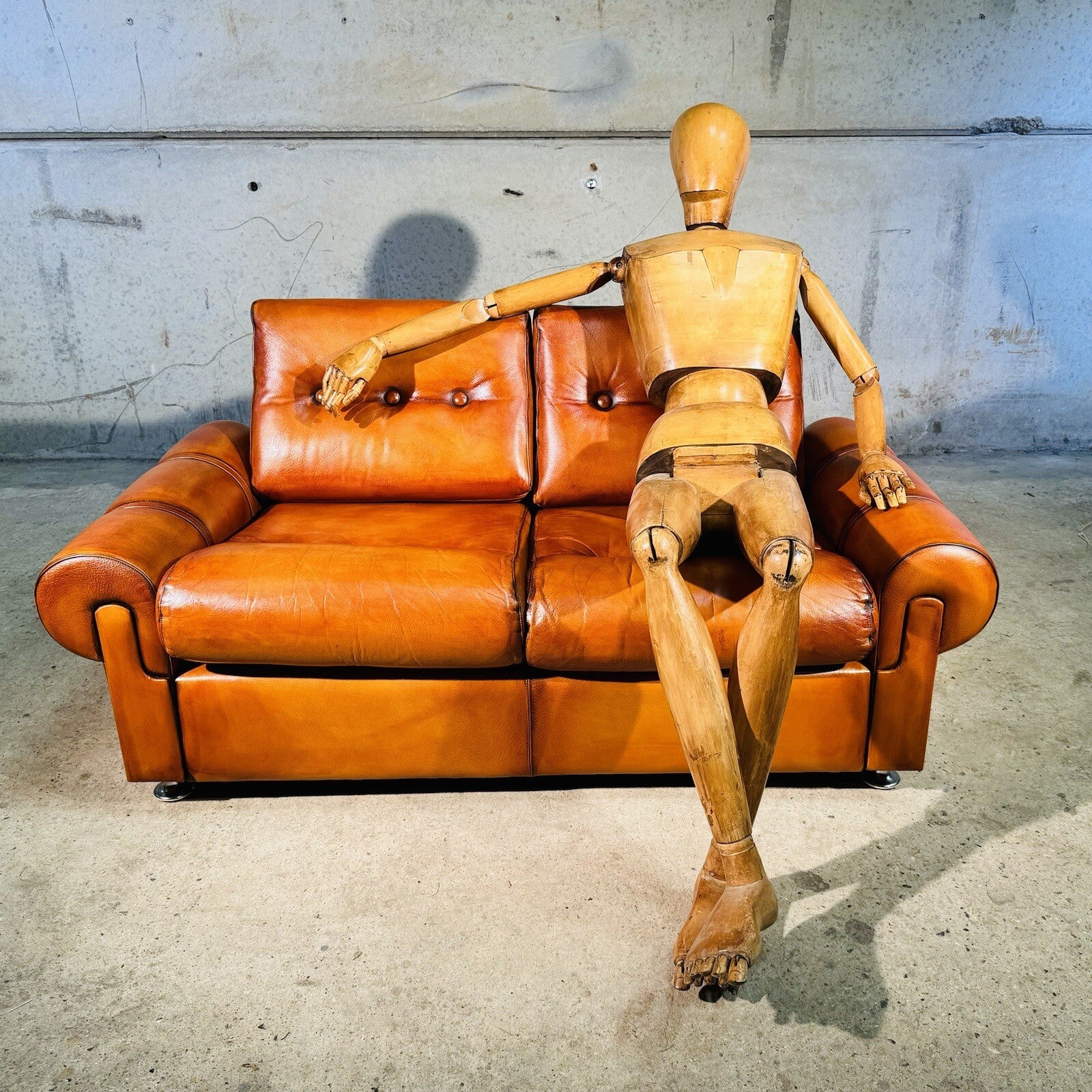 Vintage RetroDanish Leather Two Seater Sofa Hand Dyed Tan, Strap Detail