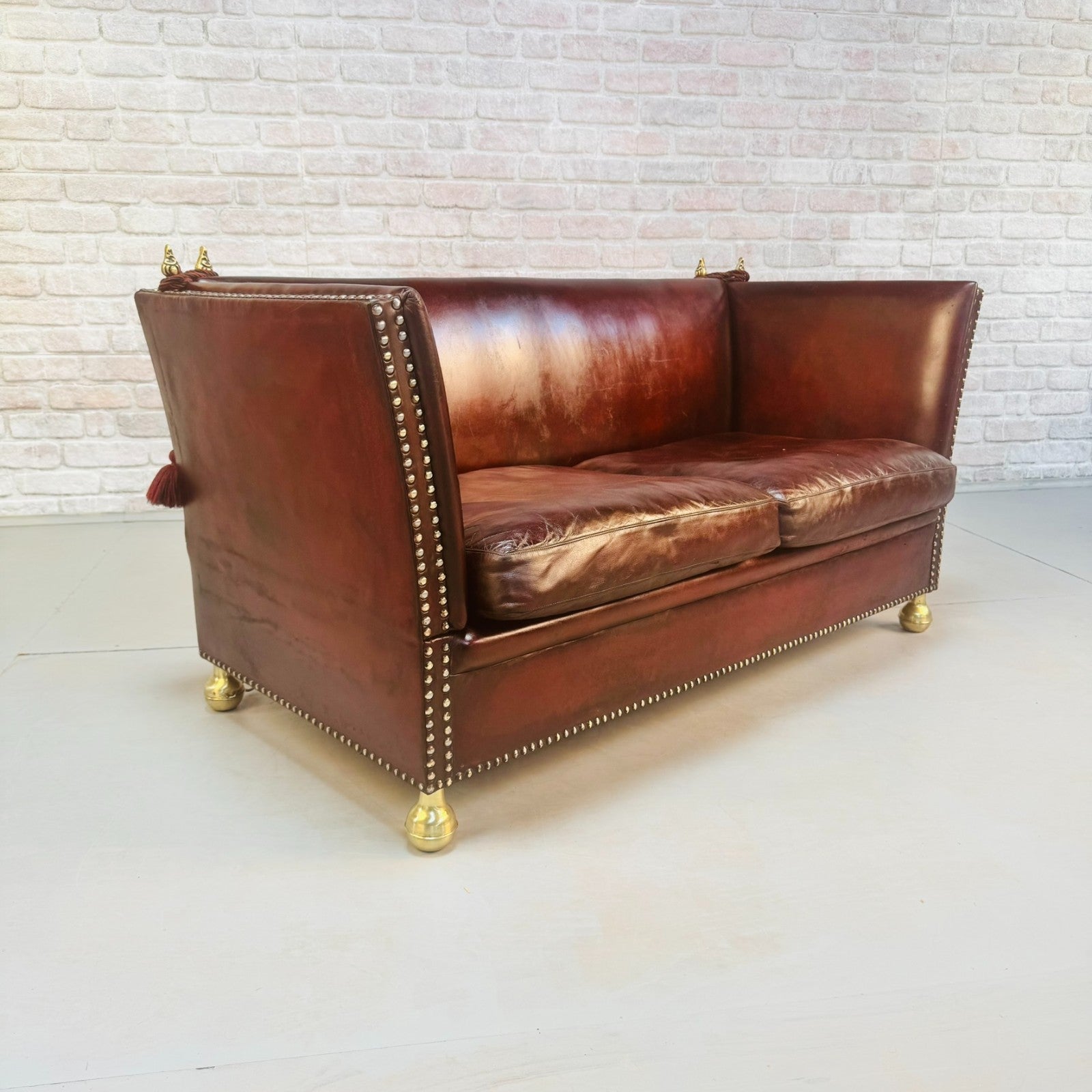 Vintage Danish Knole Style Two Seater Chestnut Brown Leather Sofa