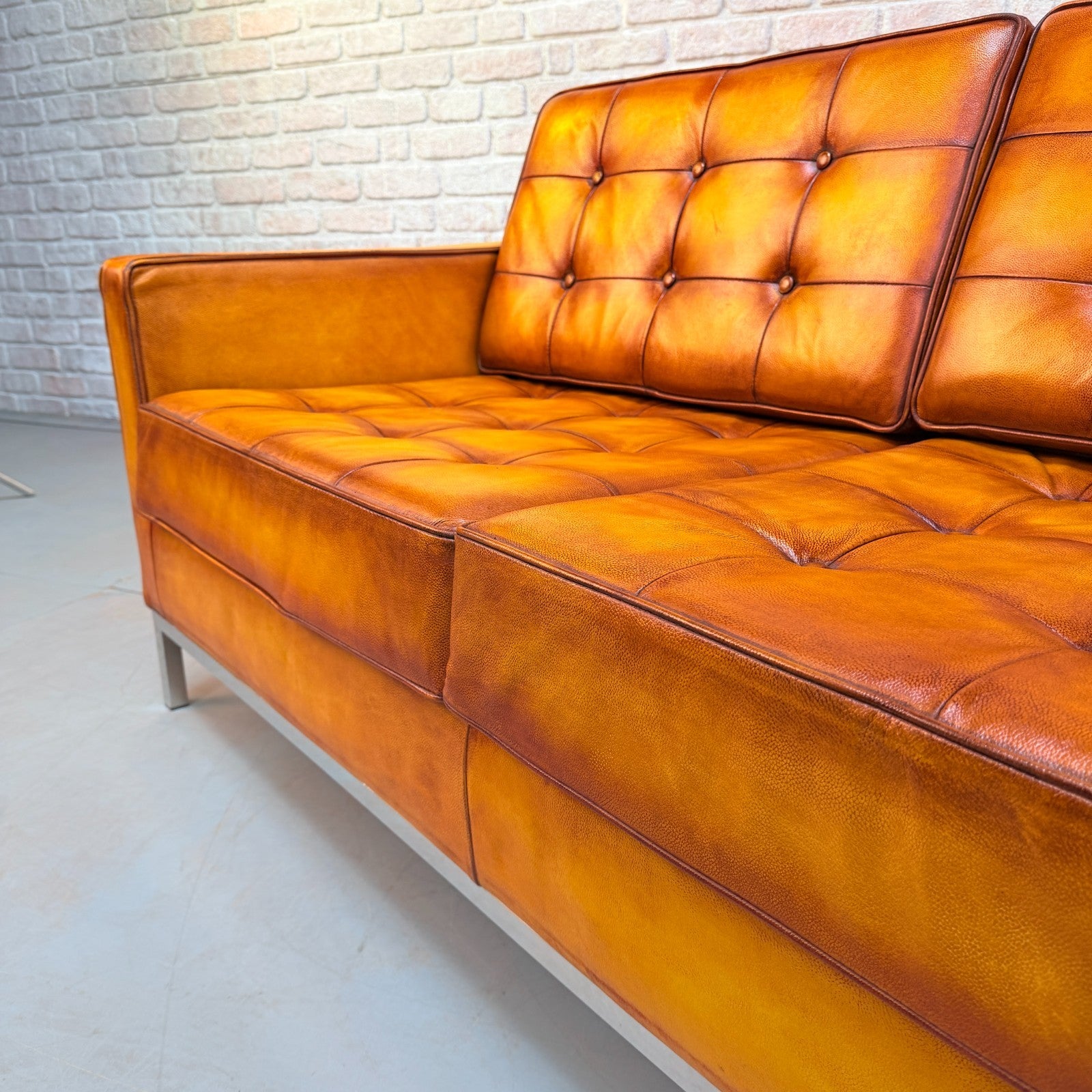 Vintage Florence Knoll Style Tan Leather Two Seater Sofa