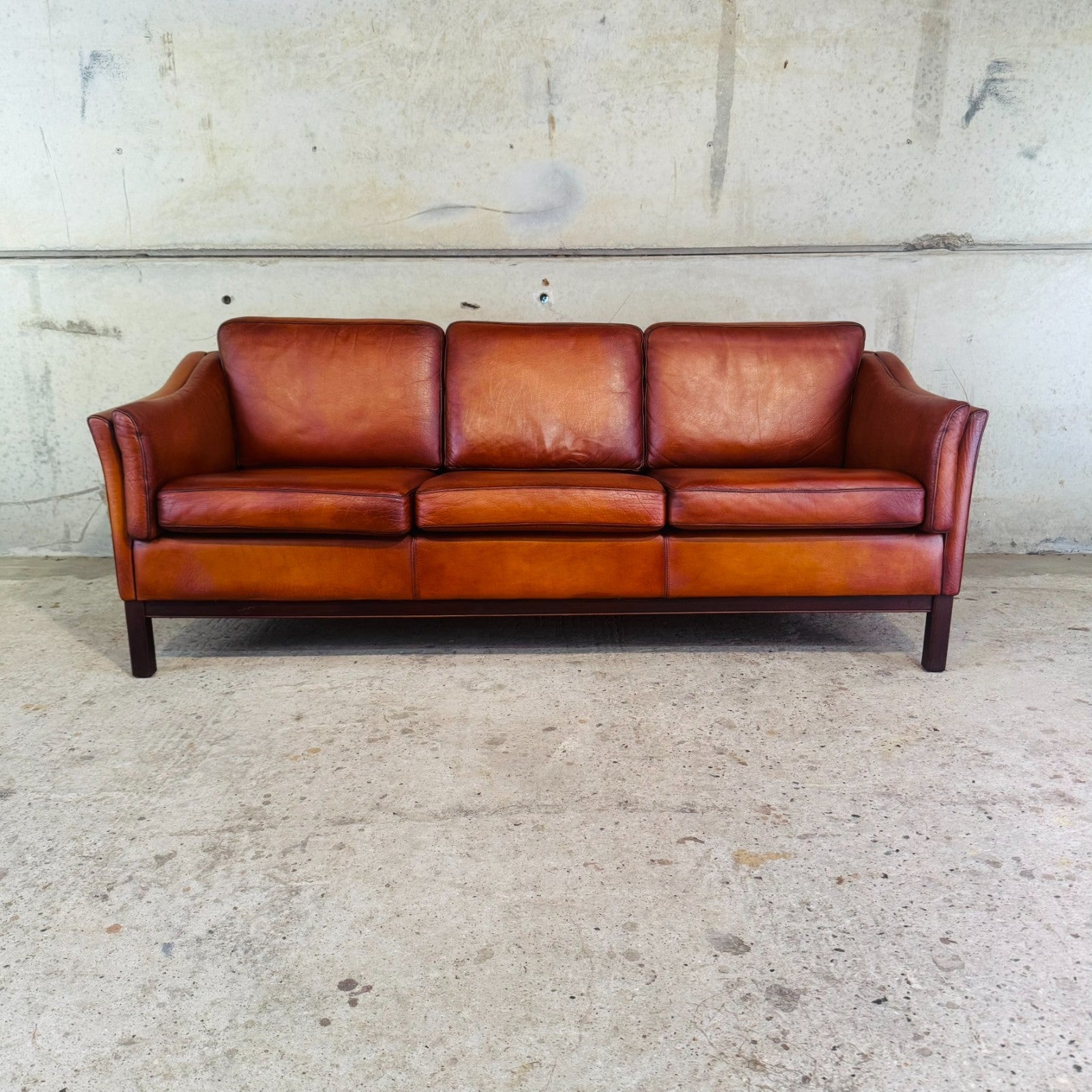 1970s Danish Cognac Leather 3 Seater Sofa — Curved Arms & Beech Plinth