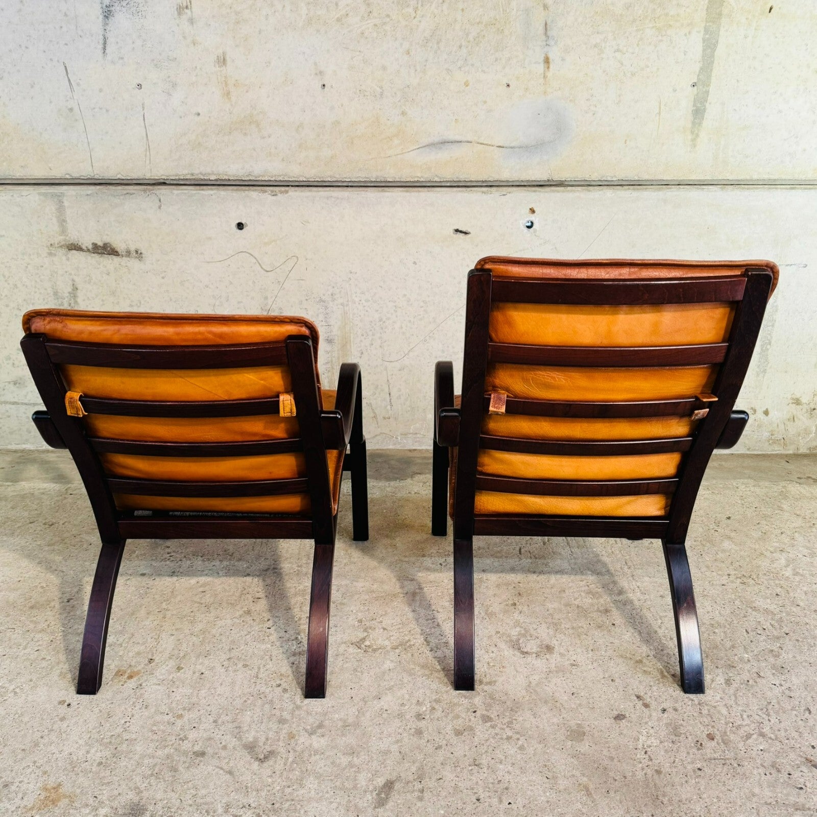 Vintage Stouby Danish His & Hers Bentwood Light Tan Leather Chairs