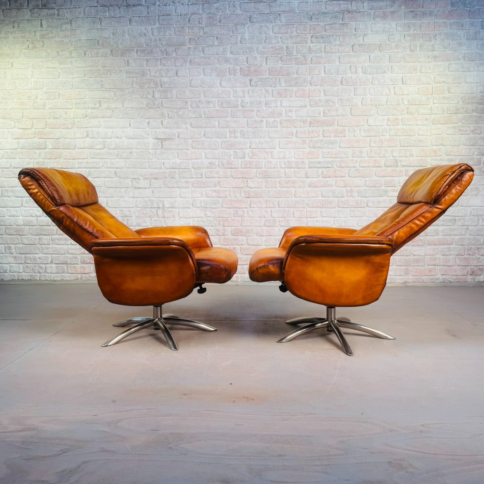 Vintage Pair of Danish High Back Swivel Recliner Chairs – Light Tan Leather