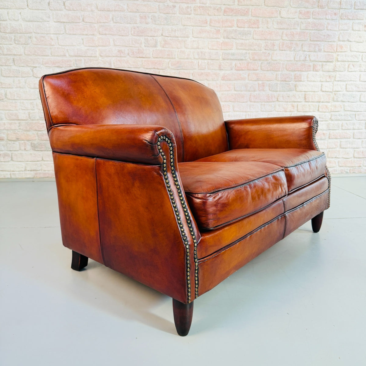 Vintage English Club Hand Dyed Cognac Tan Leather 2 Seater Sofa