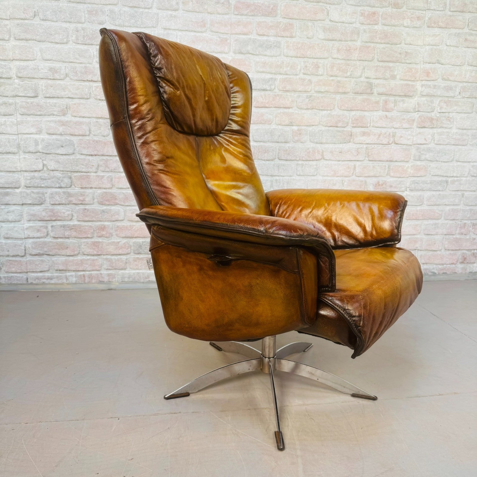 Vintage Danish Hort Knudsen Tan Leather Swivel Reclining Chair
