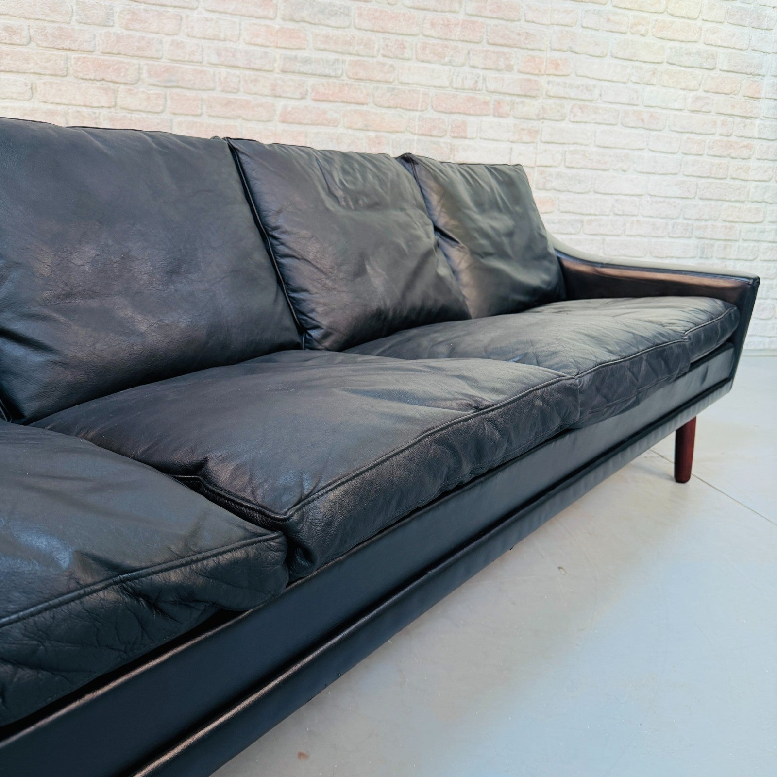 Vintage 1970s Danish George Thams Black Hand-Dyed Leather Four Seater Sofa