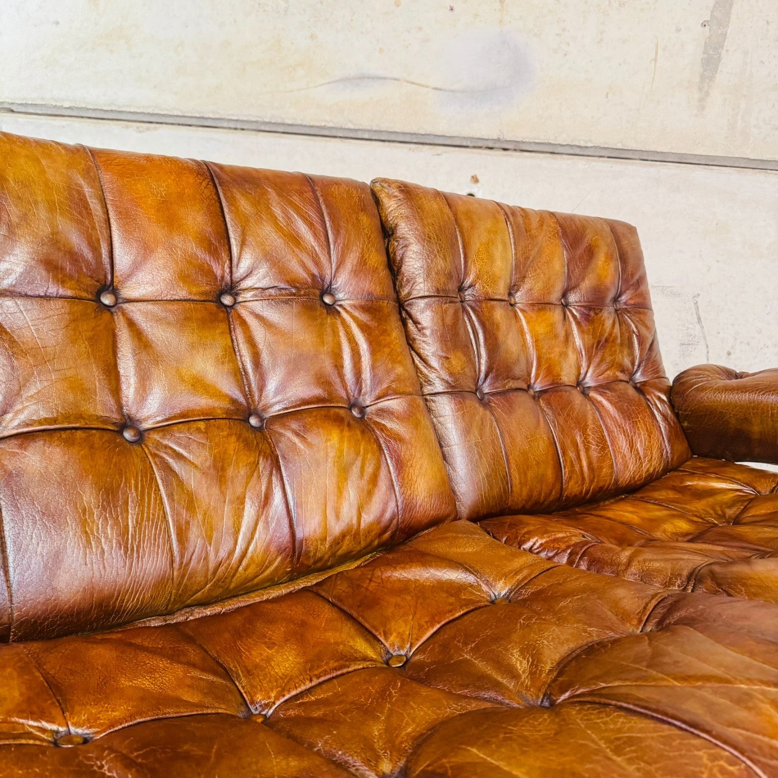 1970s Norwegian Tan Leather Three-Seater Sofa — Rustic Bentwood Frame