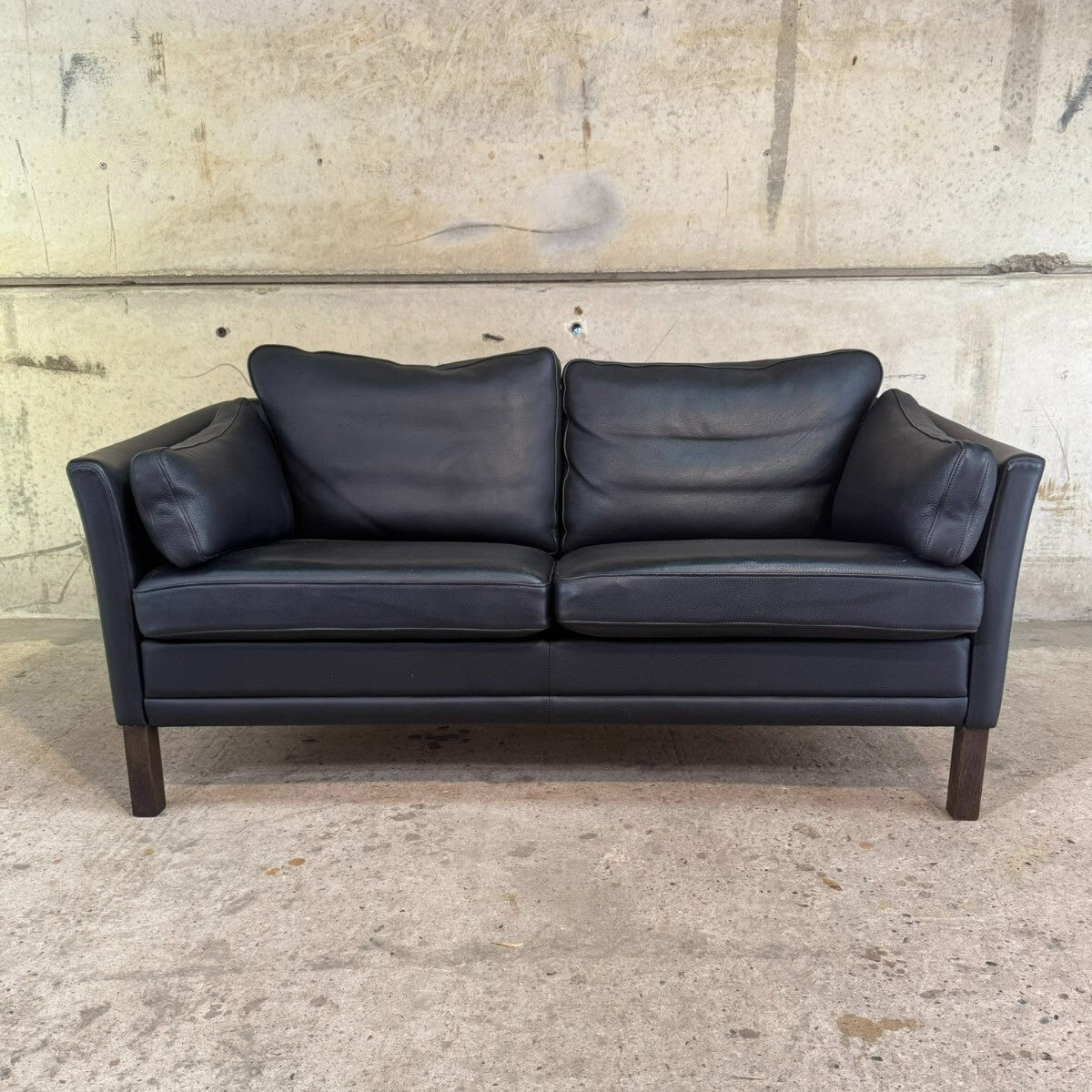 Vintage Danish Mogens Hansen Two-Seater Black Leather Sofa