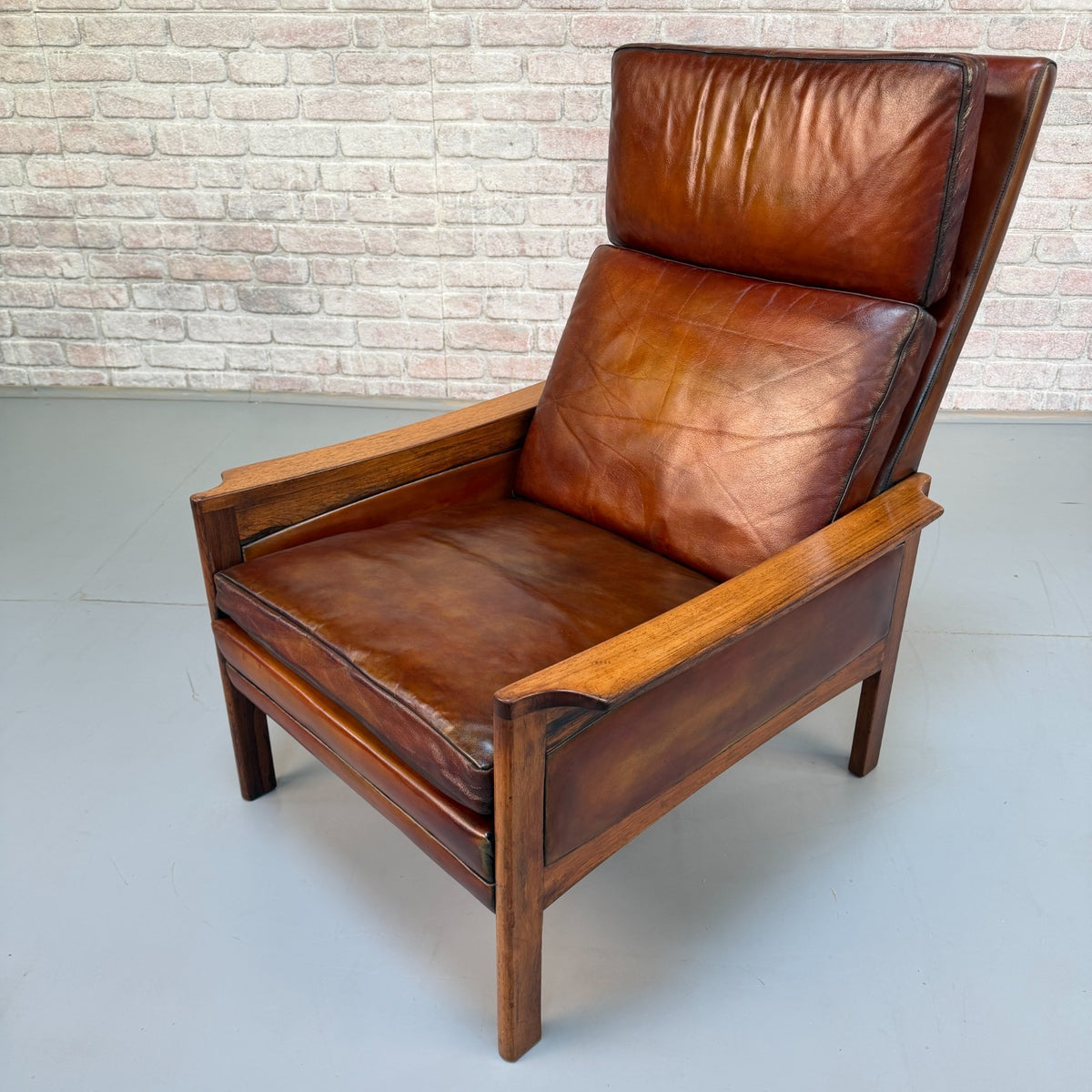 Vintage 1970s Danish Tan Leather High Back Armchair – RoseWood Frame