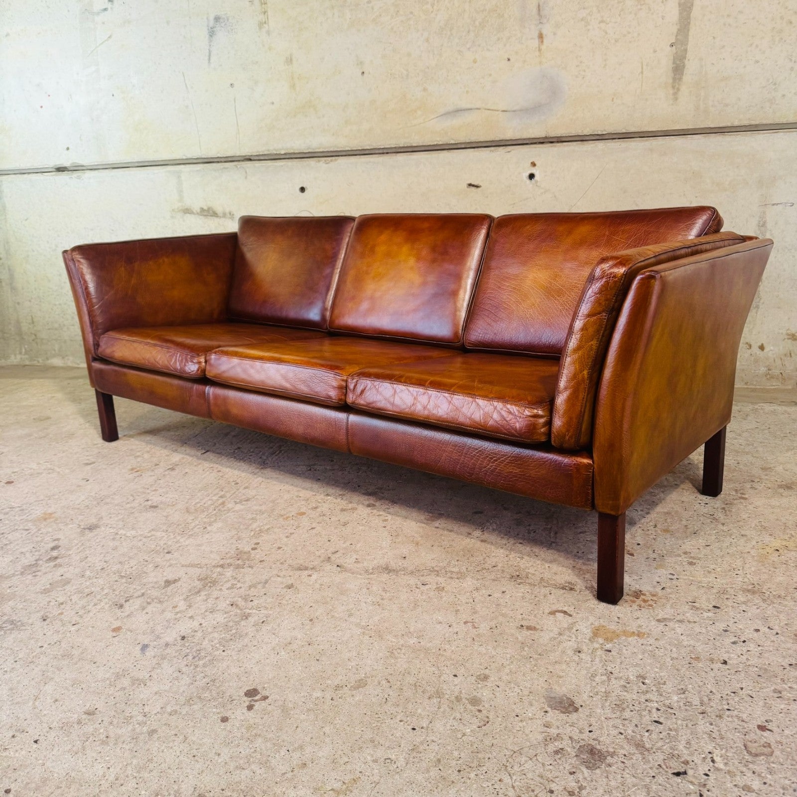 Danish Vintage Tan Leather 3 Seater Sofa — Sleek & Elegant
