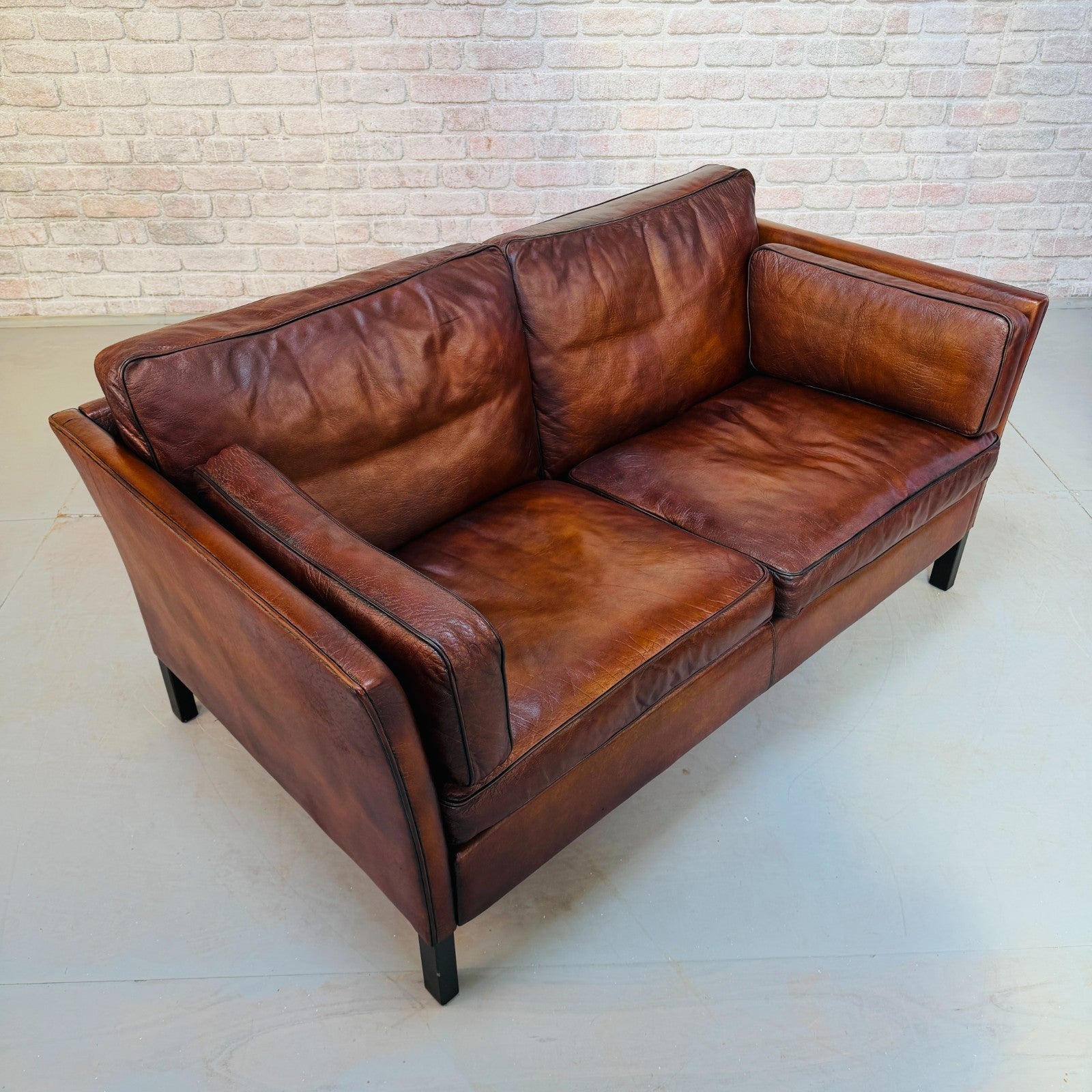 Vintage 1970s Danish Dark Tan Hand-Dyed Leather Two Seater Sofa