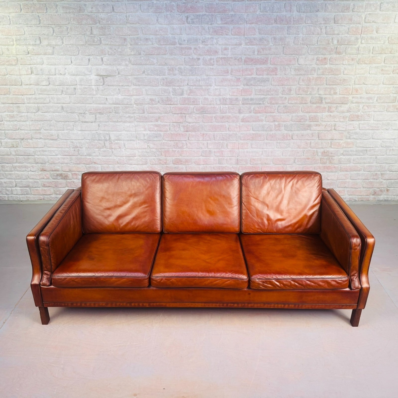 Elegant Vintage Danish 1970s Mogens Hansen Three Seater Tan Leather Sofa